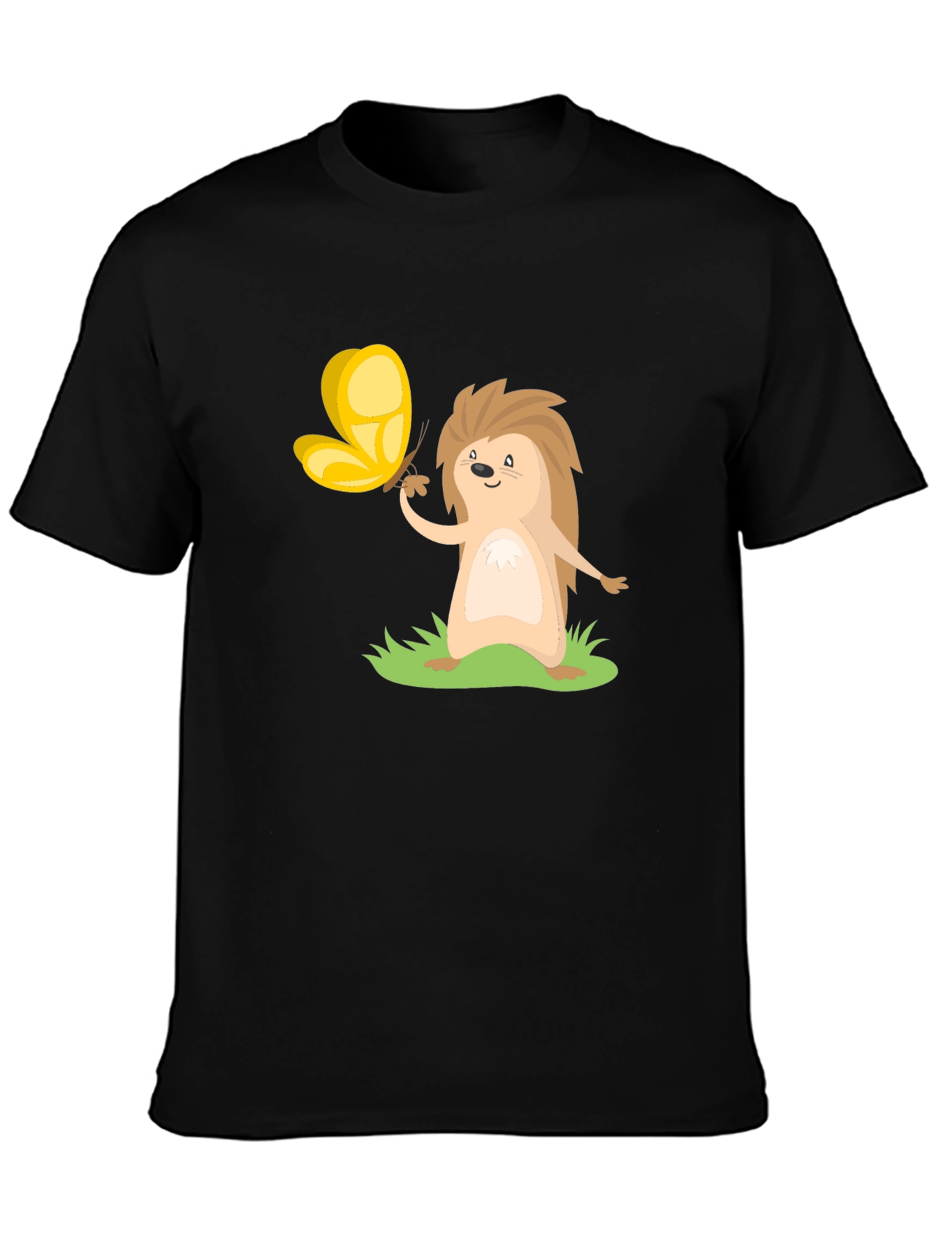 Cute Hedgehog & Butterfly Black T-Shirt