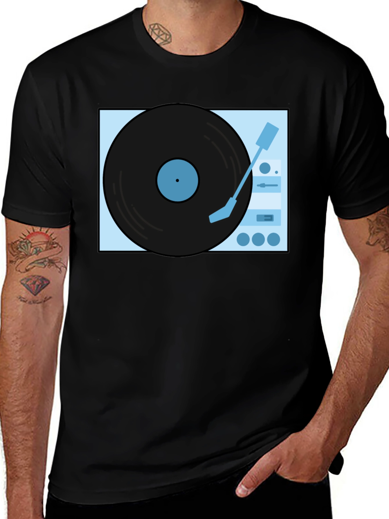 Retro Turntable Graphic Tee - Black Cotton Casual Shirt