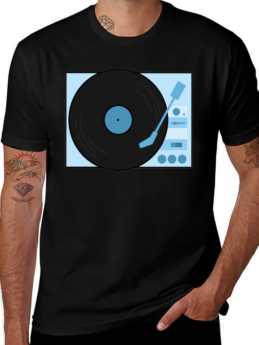 Retro Turntable Graphic Tee - Black Cotton Casual Shirt