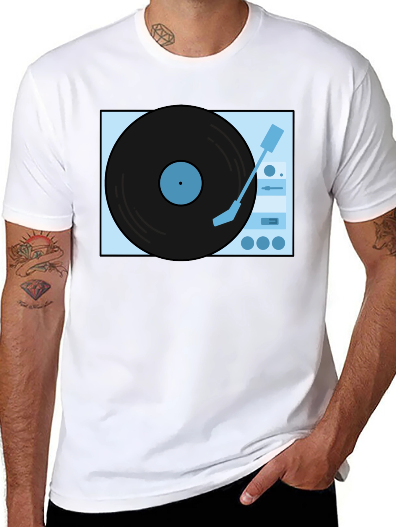 Retro Turntable Graphic Tee - Black Cotton Casual Shirt