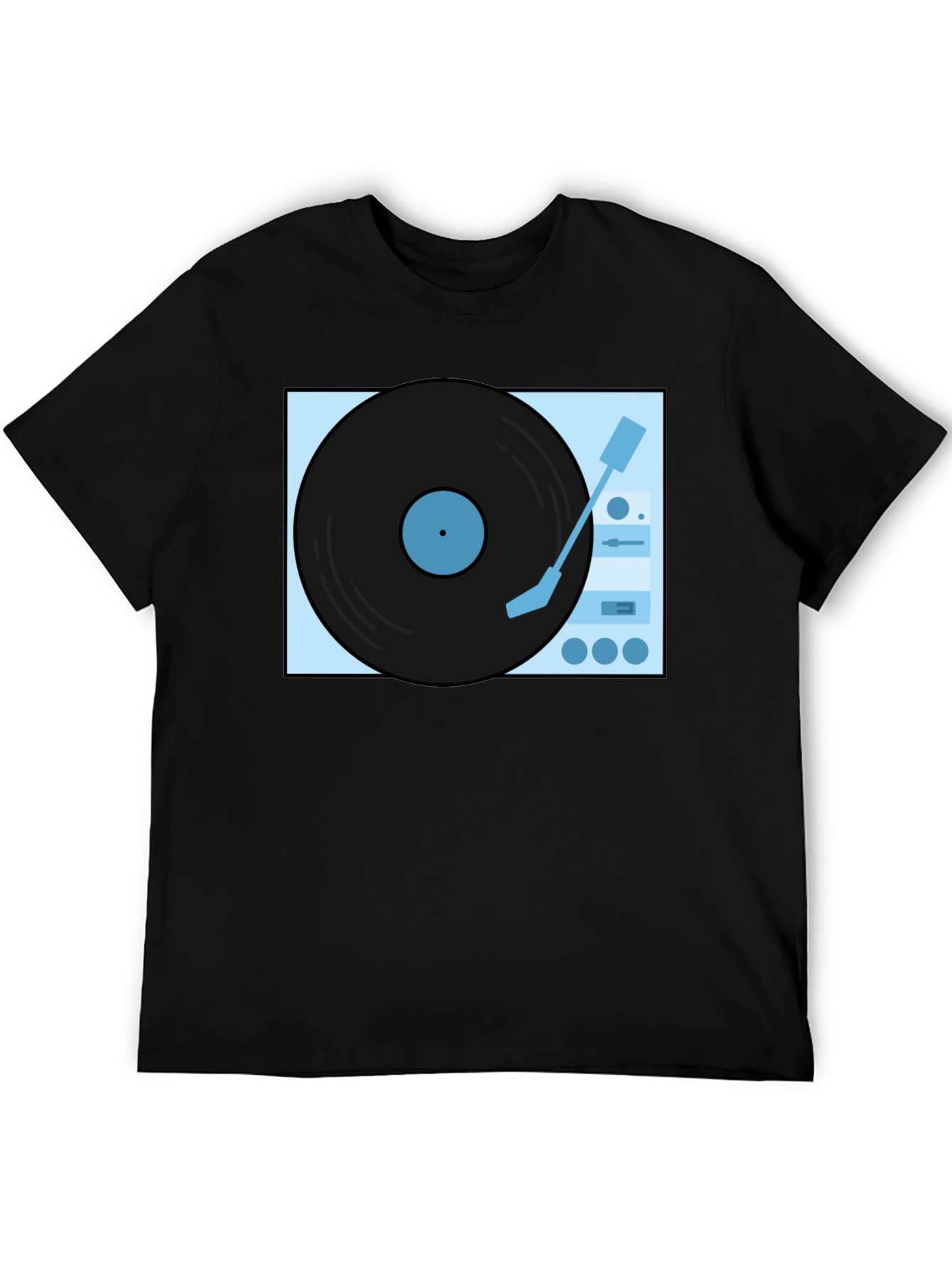 Retro Turntable Graphic Tee - Black Cotton Casual Shirt