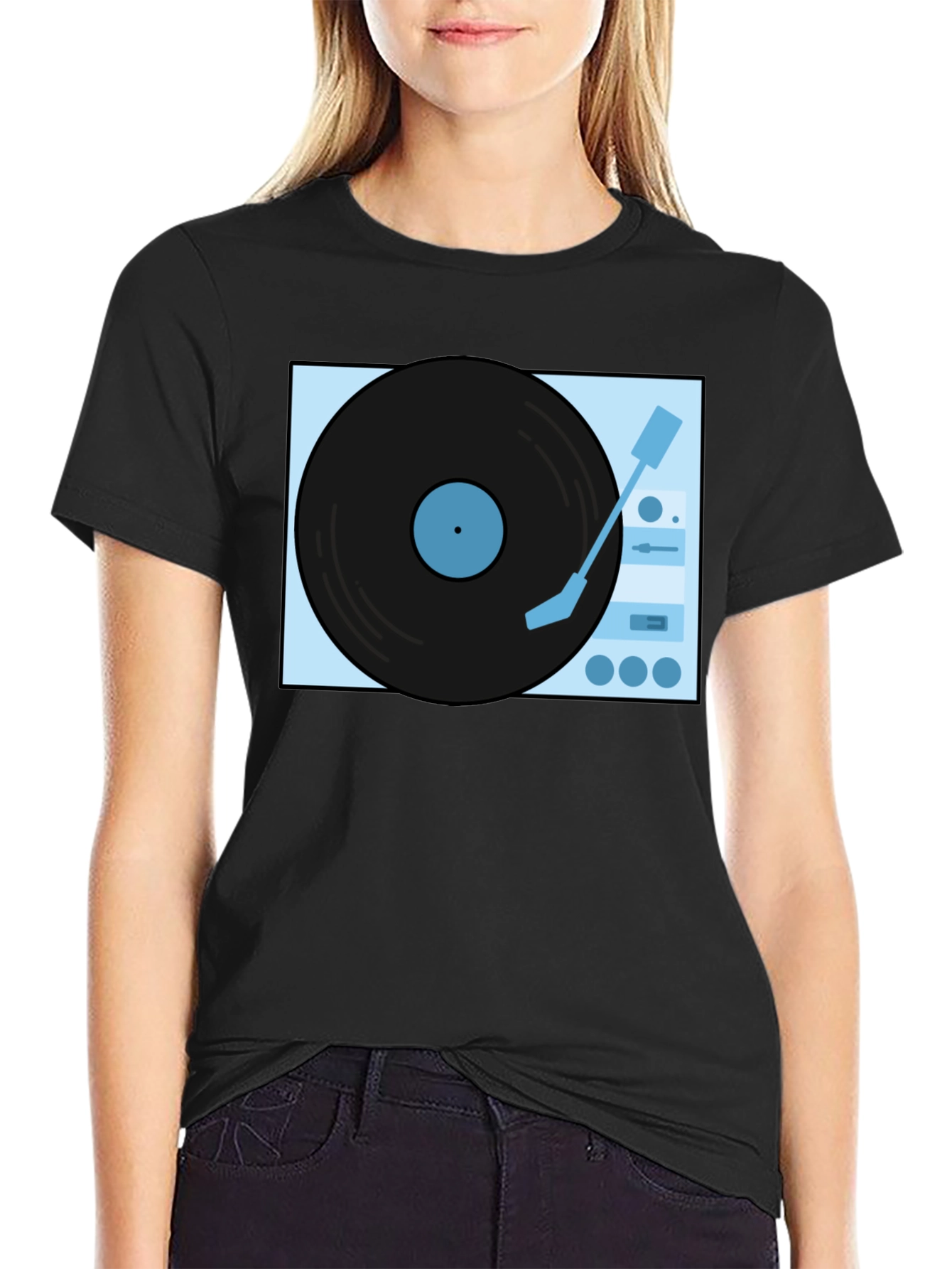Retro Turntable Graphic Tee - Black Cotton Casual Shirt