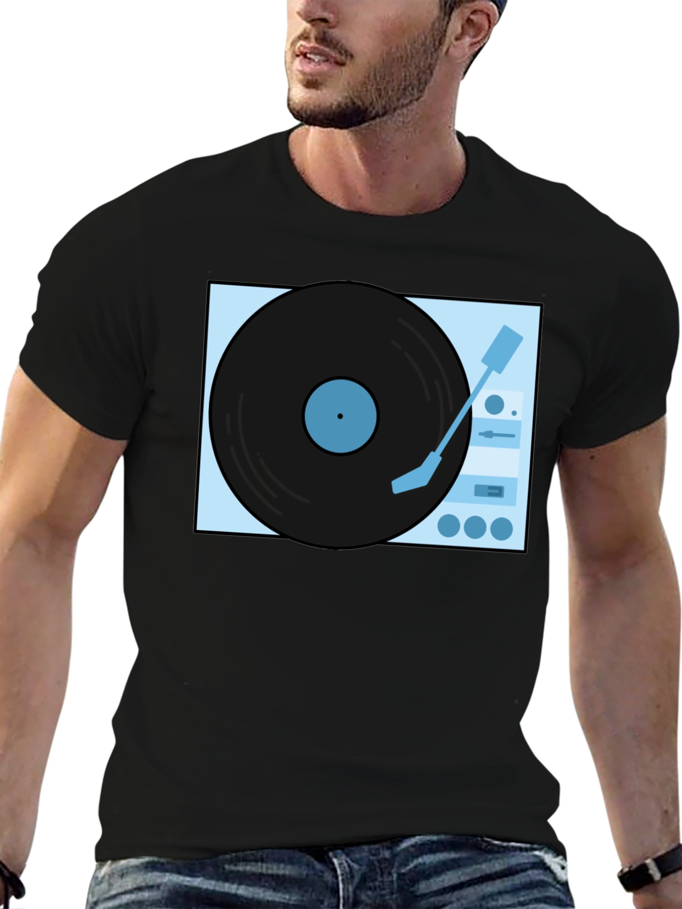 Retro Turntable Graphic Tee - Black Cotton Casual Shirt
