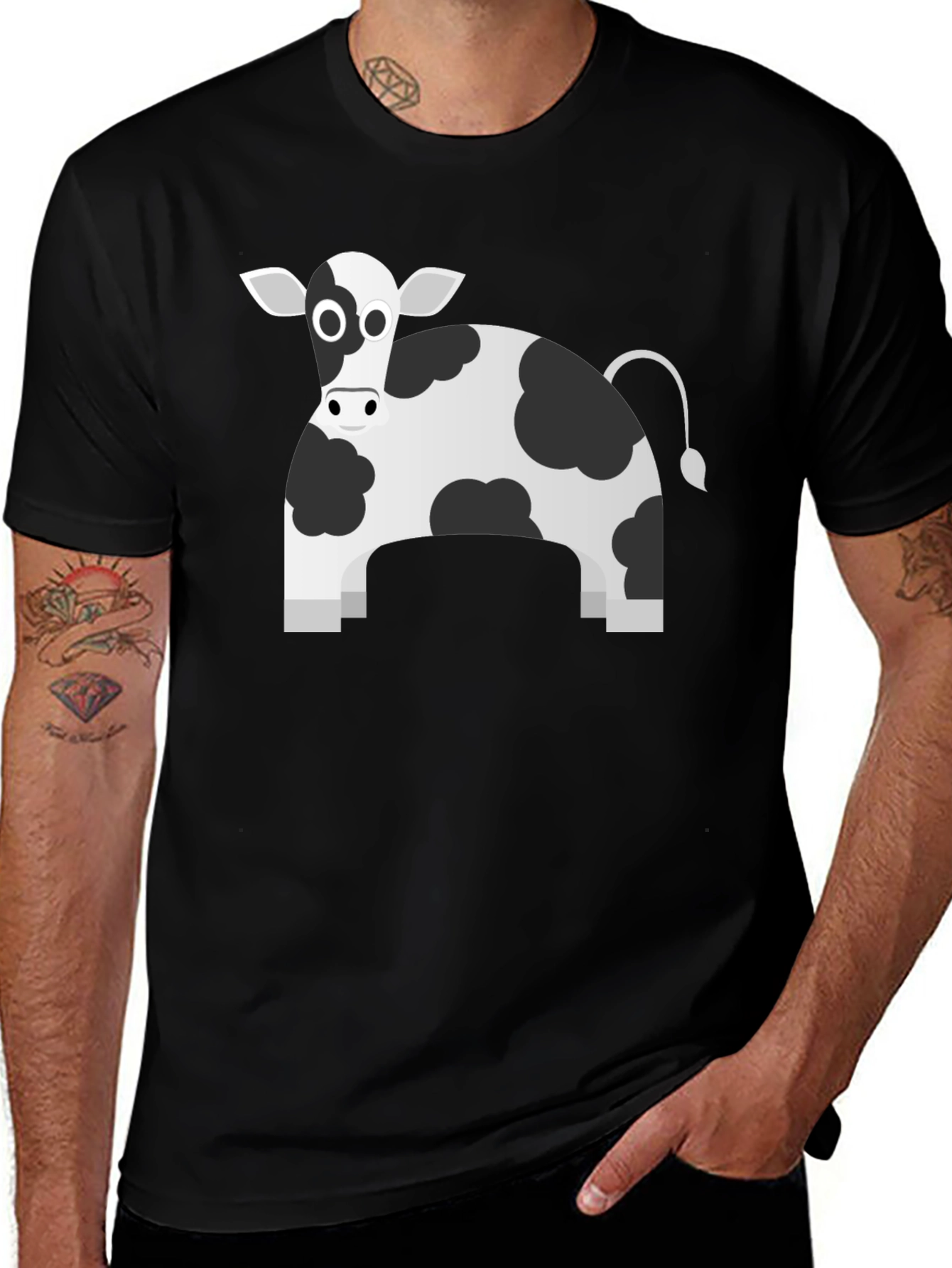 Black T-Shirt with Cartoon Cow Print