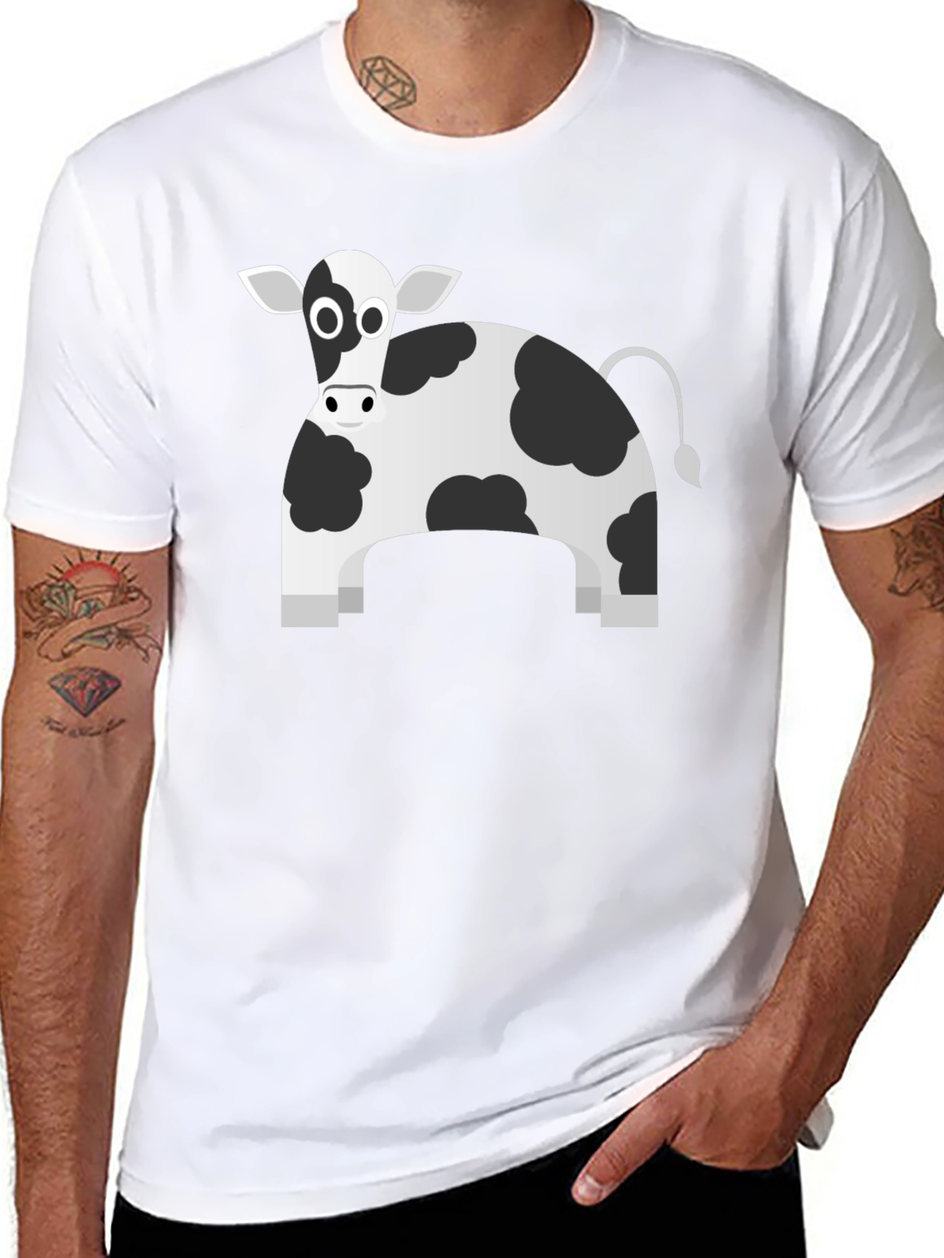 Black T-Shirt with Cartoon Cow Print