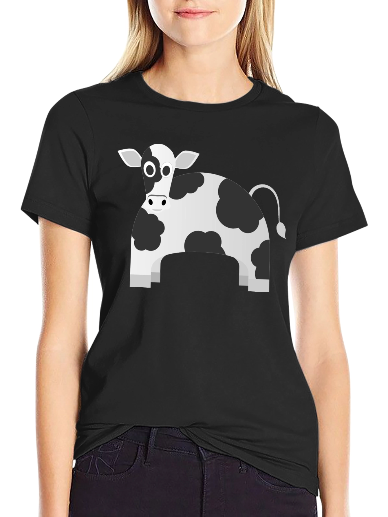 Black T-Shirt with Cartoon Cow Print