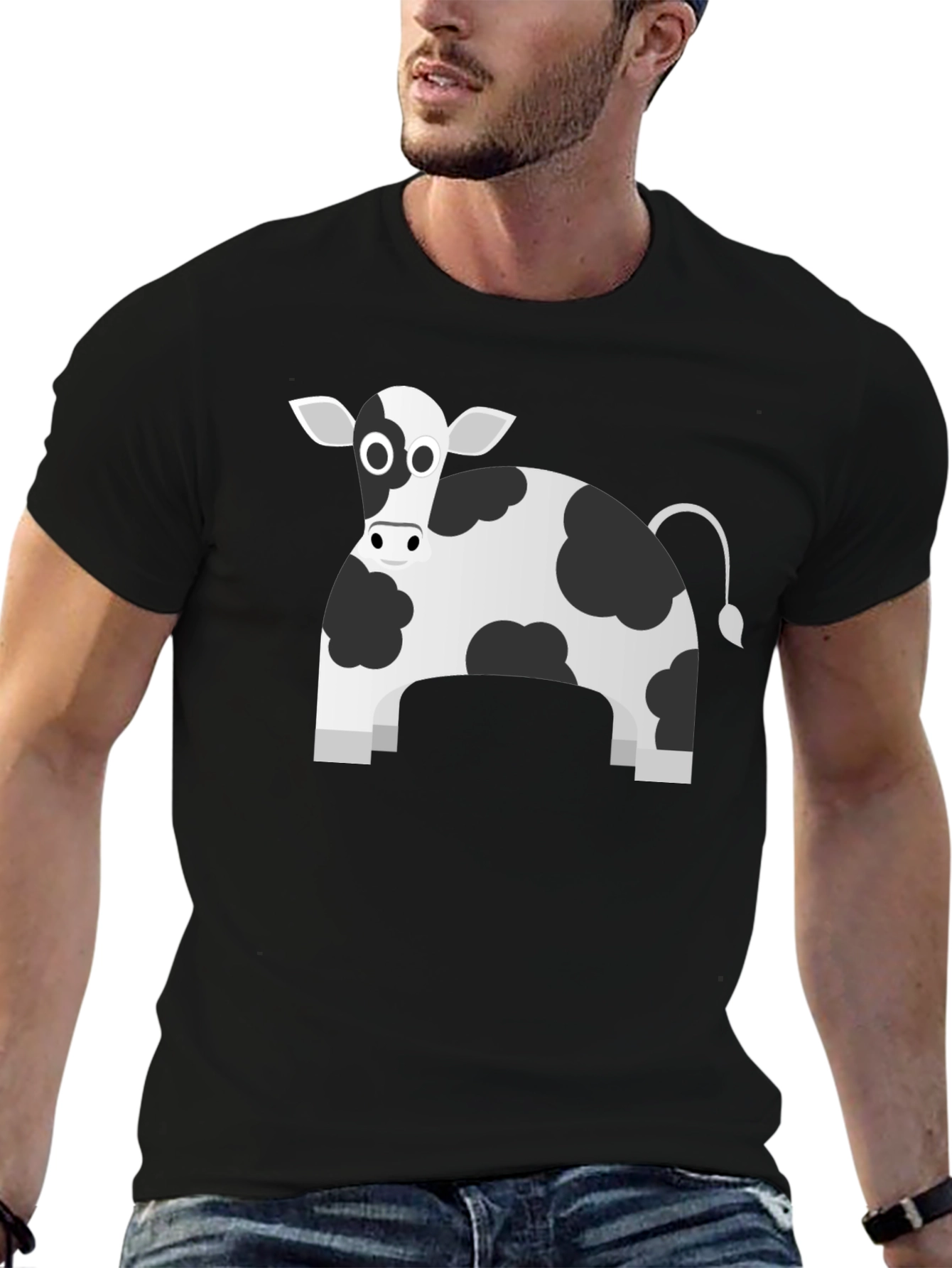 Black T-Shirt with Cartoon Cow Print
