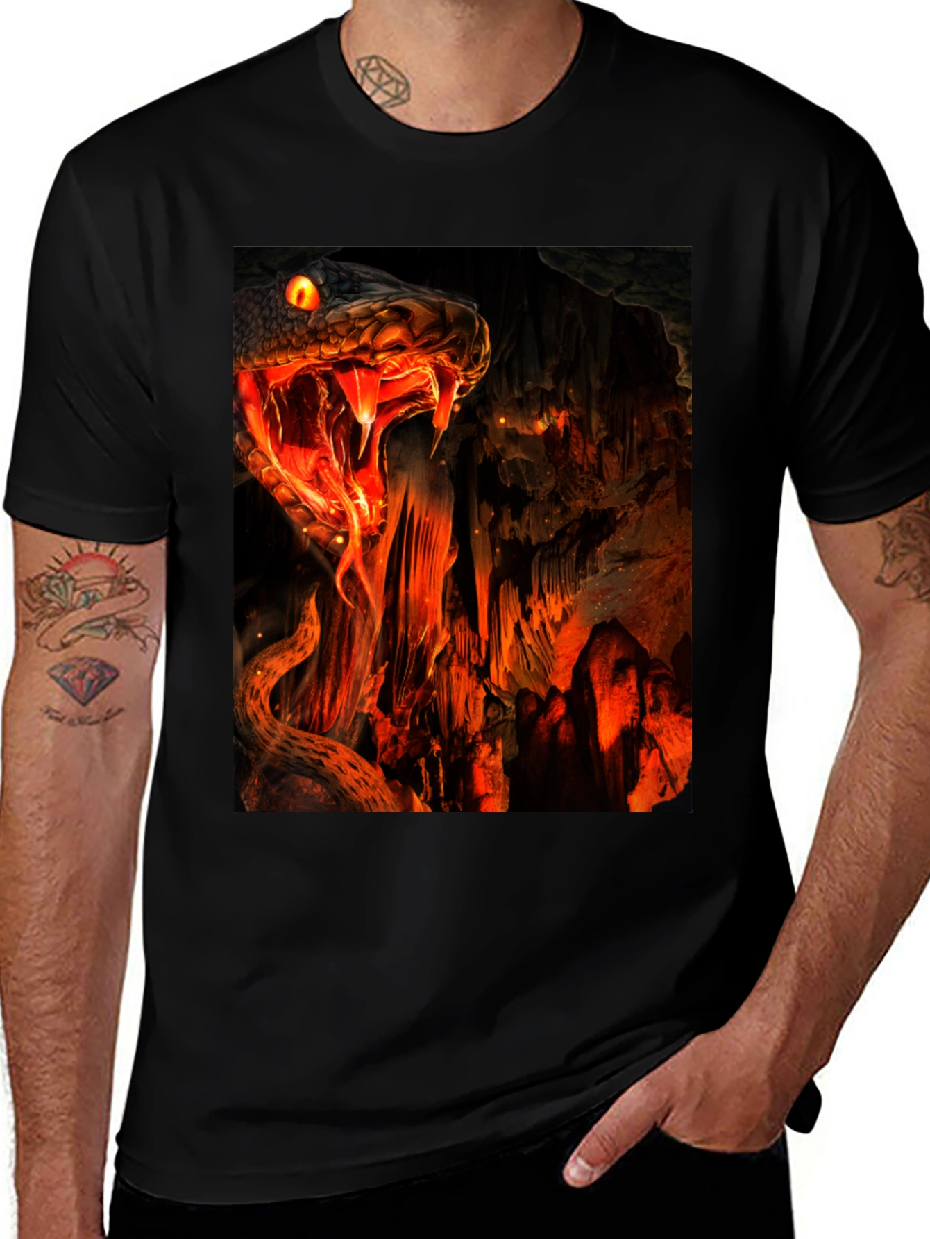 Fiery Snake Print Black T-Shirt