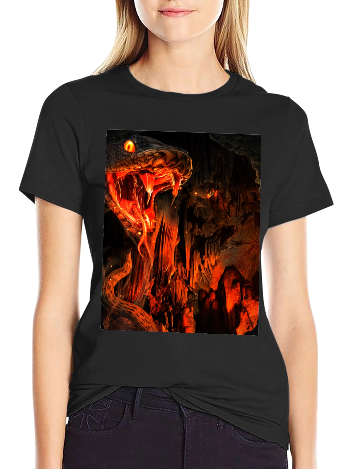 Fiery Snake Print Black T-Shirt