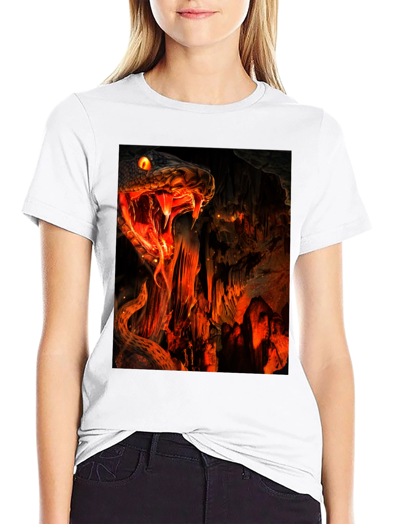 Fiery Snake Print Black T-Shirt