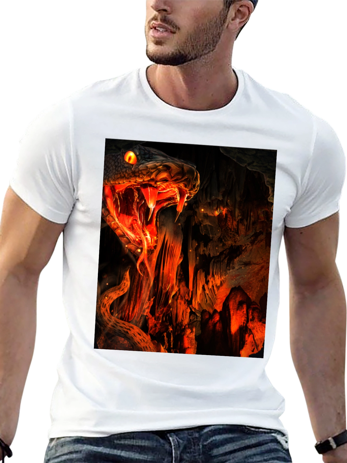 Fiery Snake Print Black T-Shirt