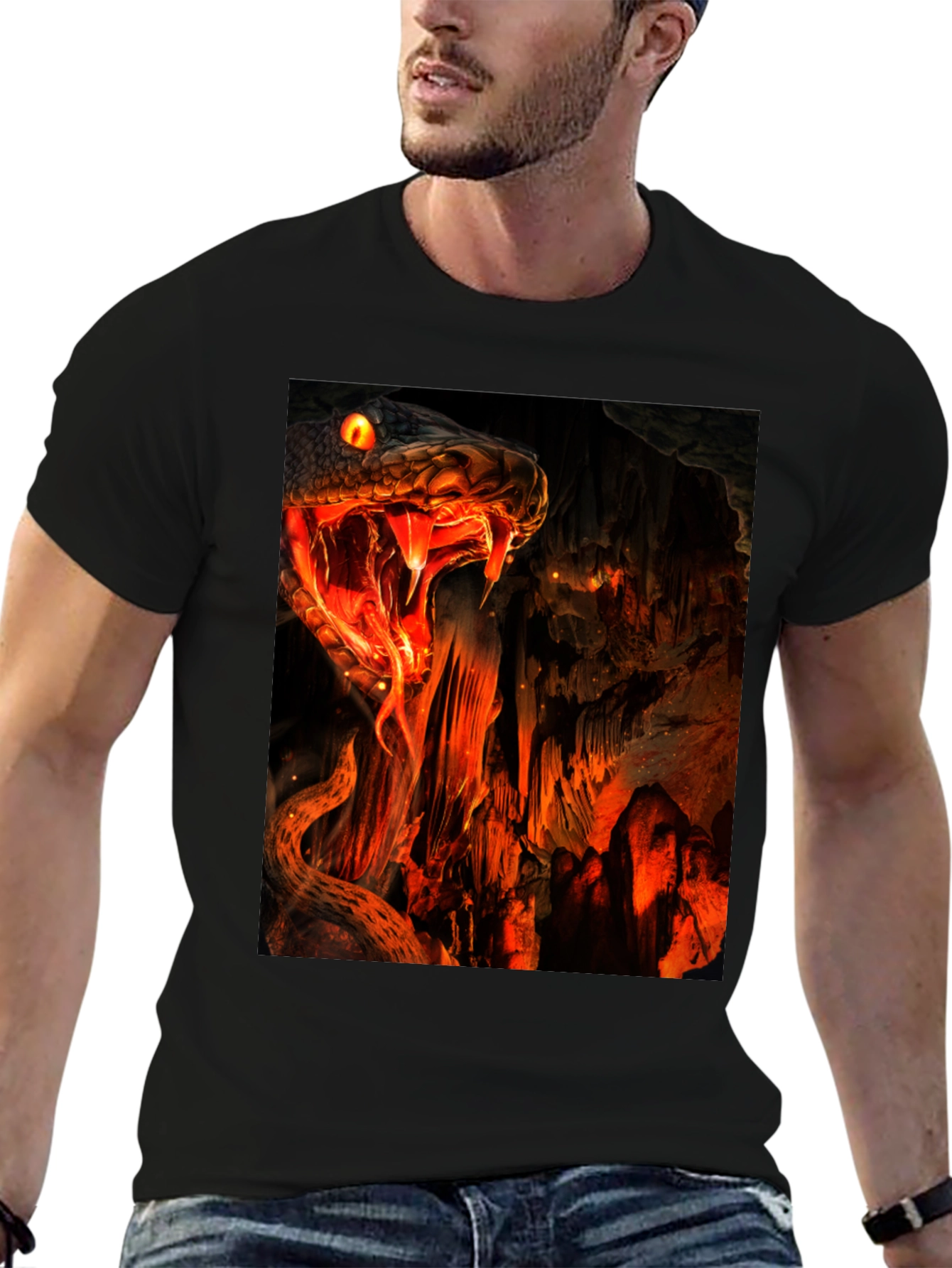 Fiery Snake Print Black T-Shirt