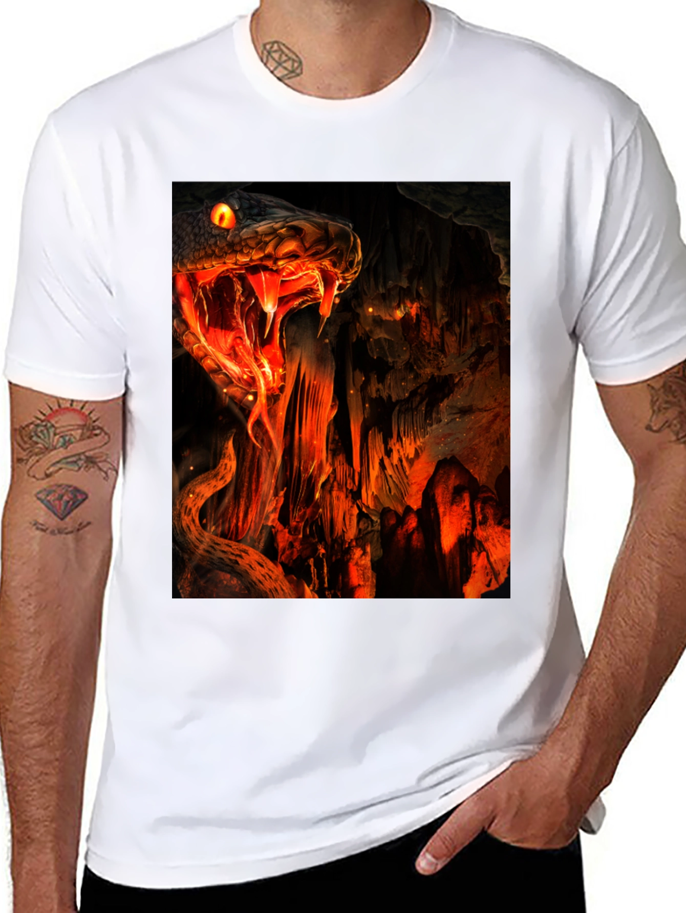 Fiery Snake Print Black T-Shirt