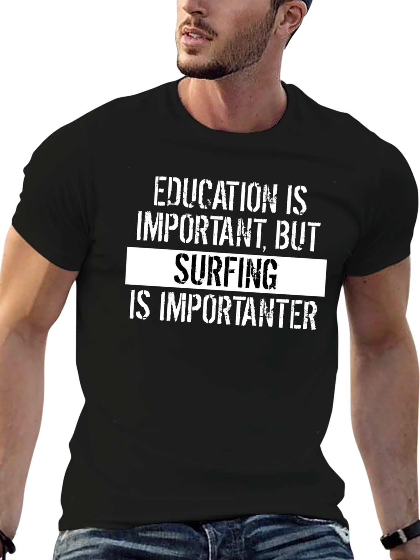 Surfing is Importanter T-Shirt - Black Graphic Tee