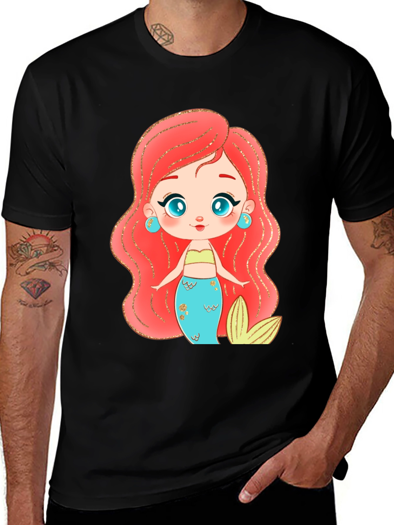 Mermaid Cartoon Graphic Black T-Shirt