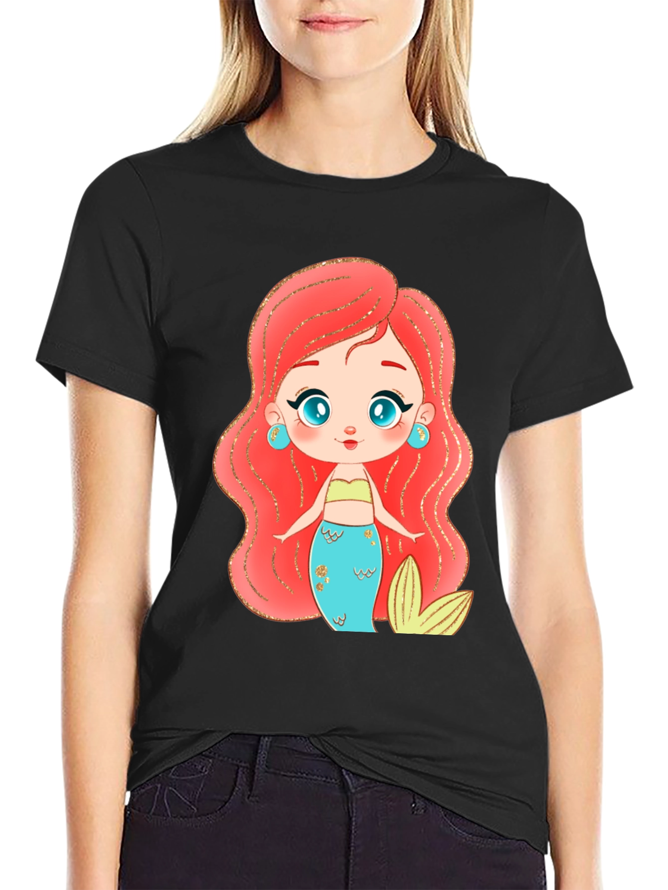 Mermaid Cartoon Graphic Black T-Shirt