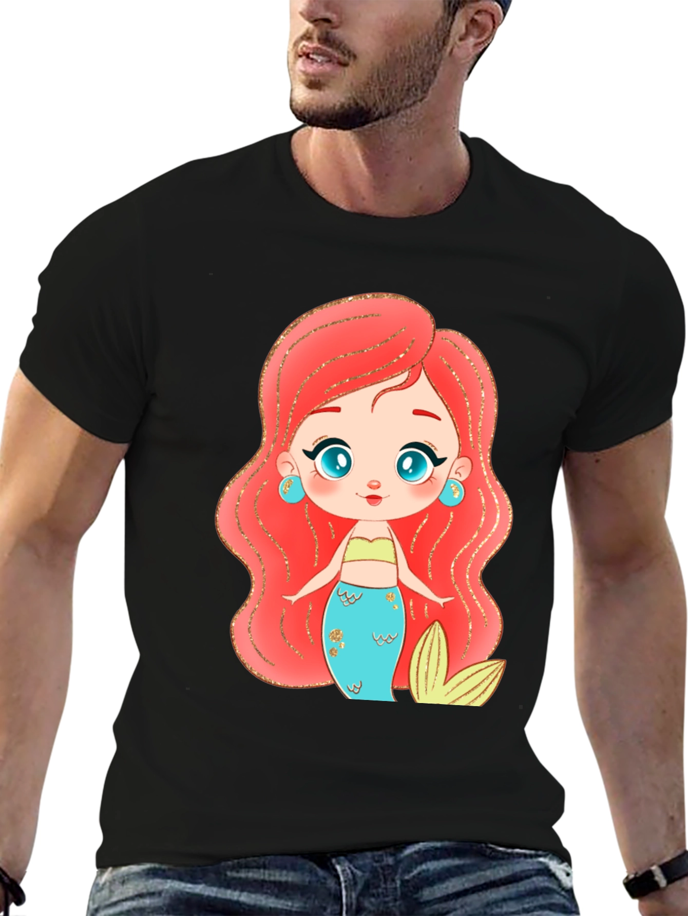 Mermaid Cartoon Graphic Black T-Shirt