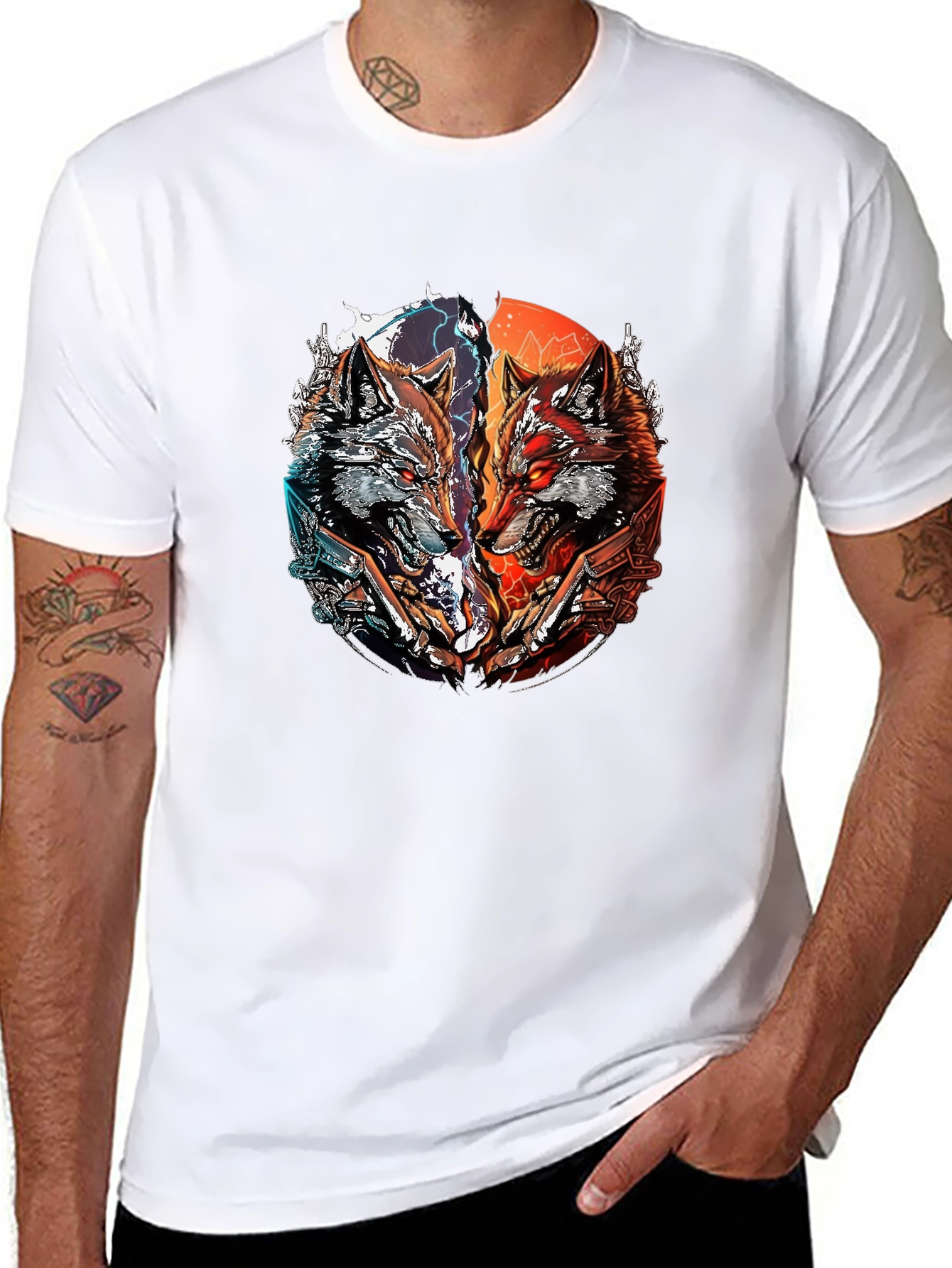 Two Wolves Graphic Print Black T-Shirt