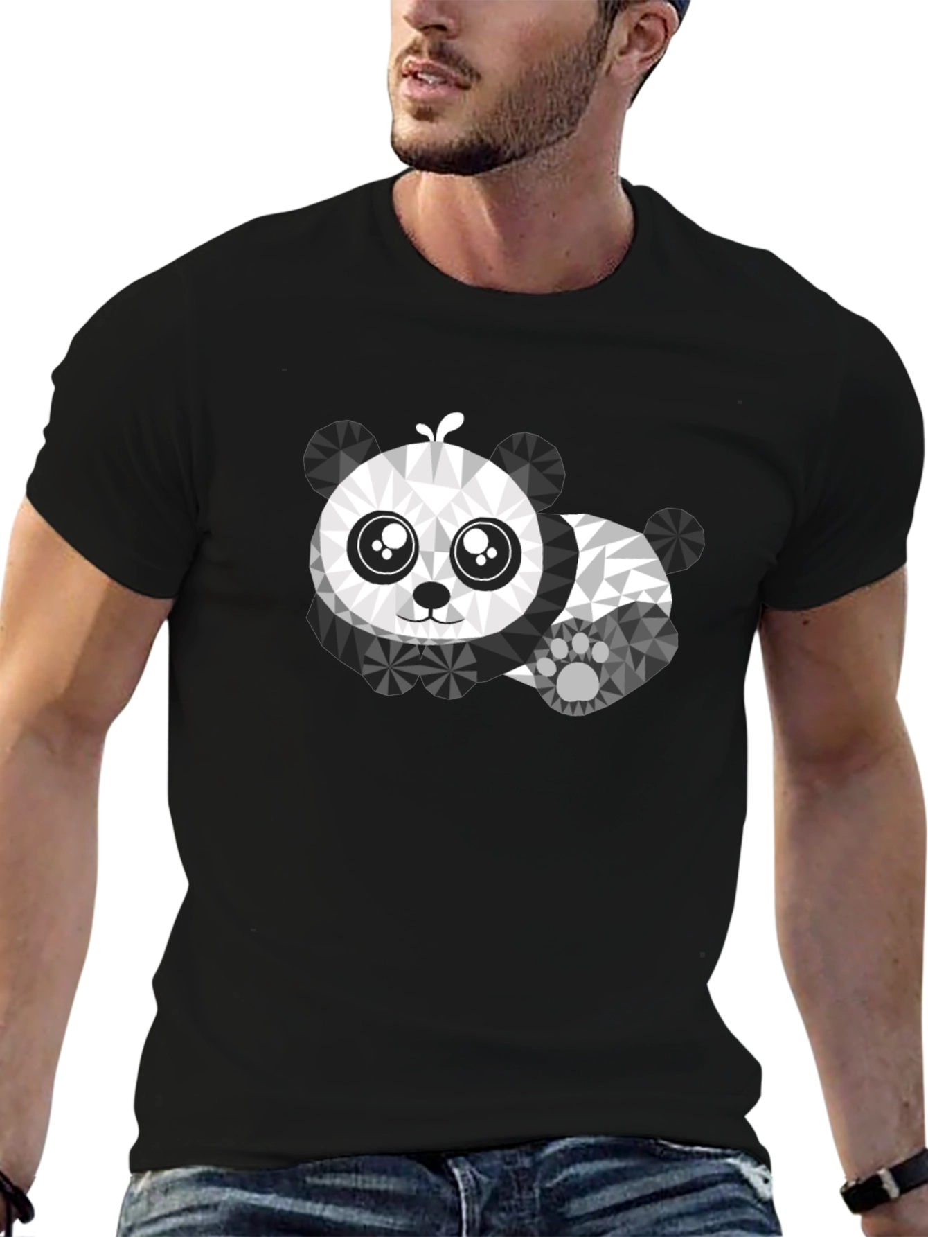 Geometric Panda Graphic Tee - Black Cotton Shirt