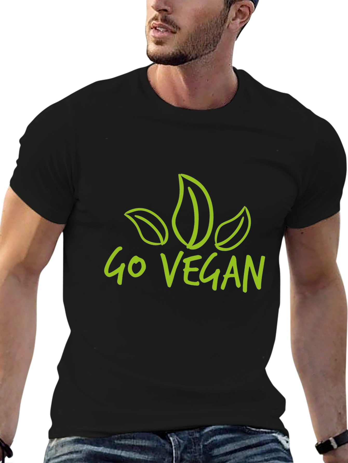 Go Vegan T-Shirt - Black Leaf Design