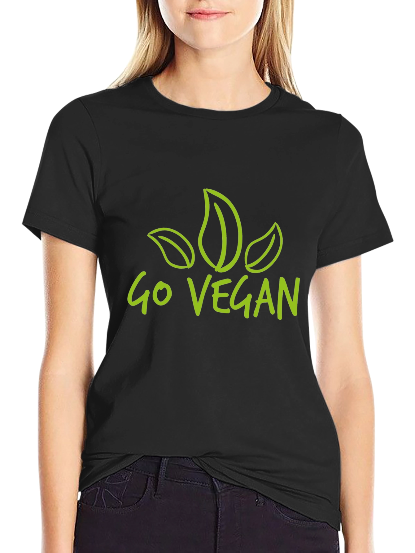 Go Vegan T-Shirt - Black Leaf Design