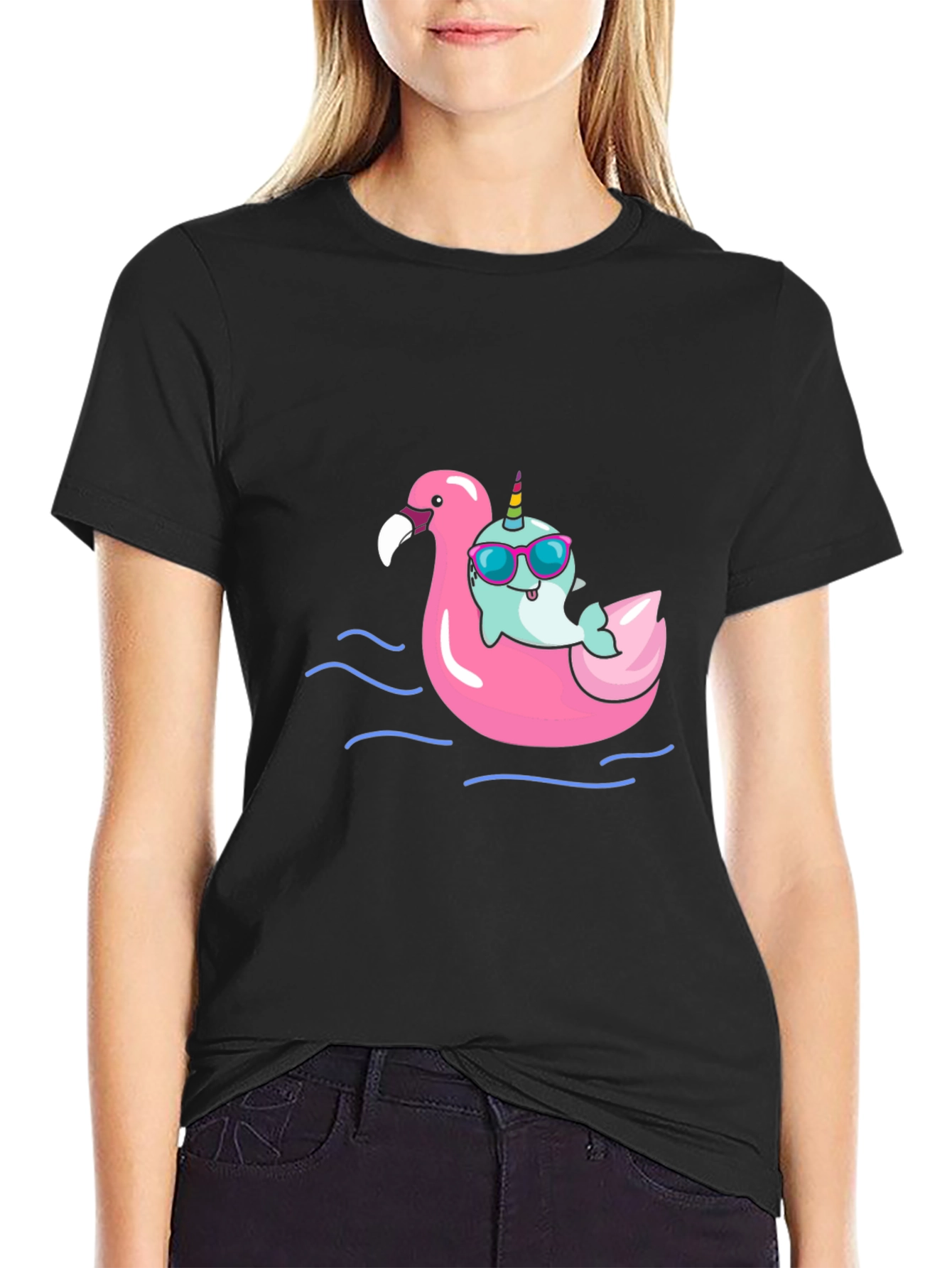 Narwhal on Flamingo Float Black T-Shirt