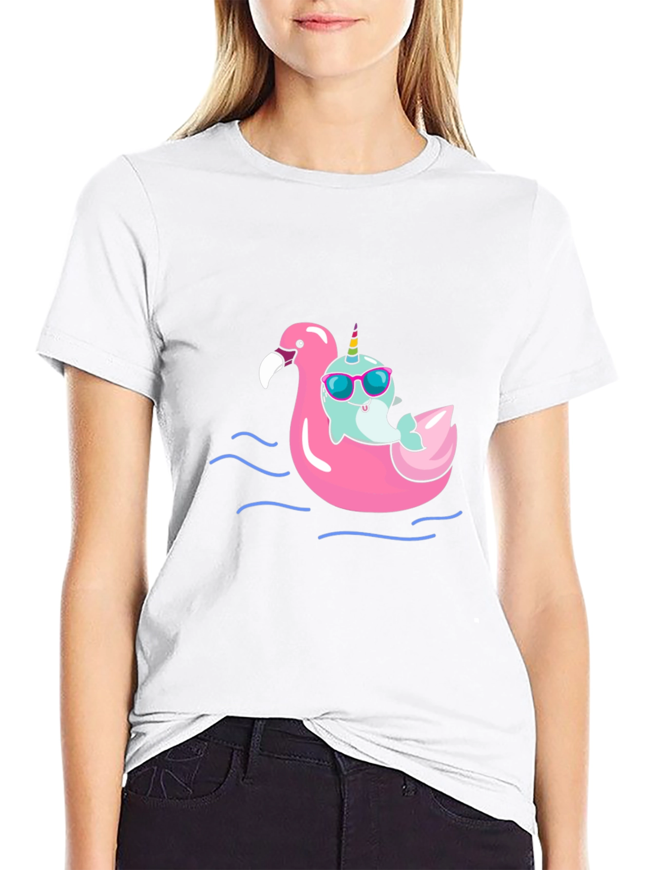 Narwhal on Flamingo Float Black T-Shirt
