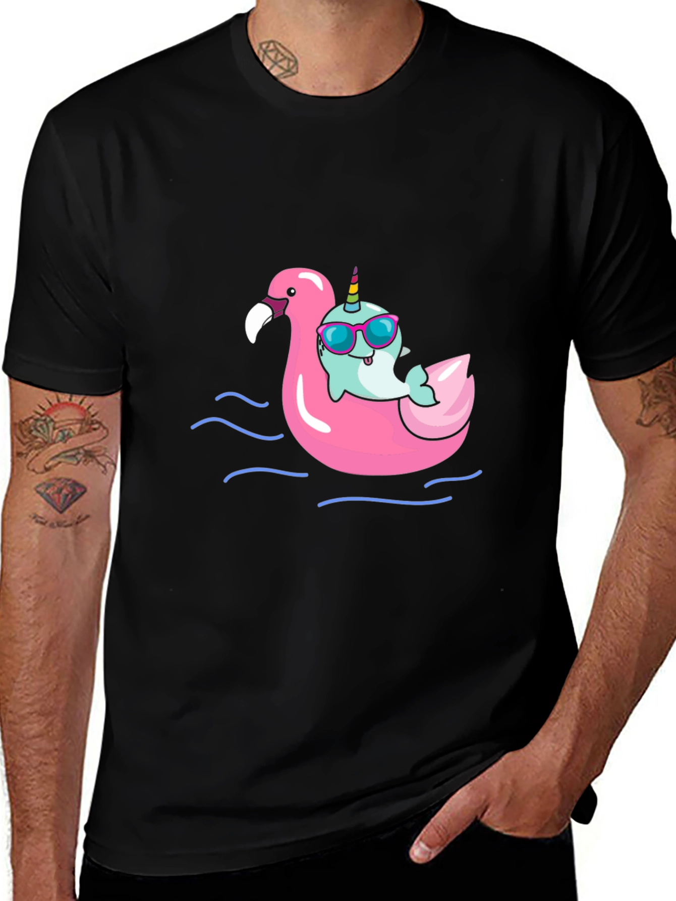 Narwhal on Flamingo Float Black T-Shirt