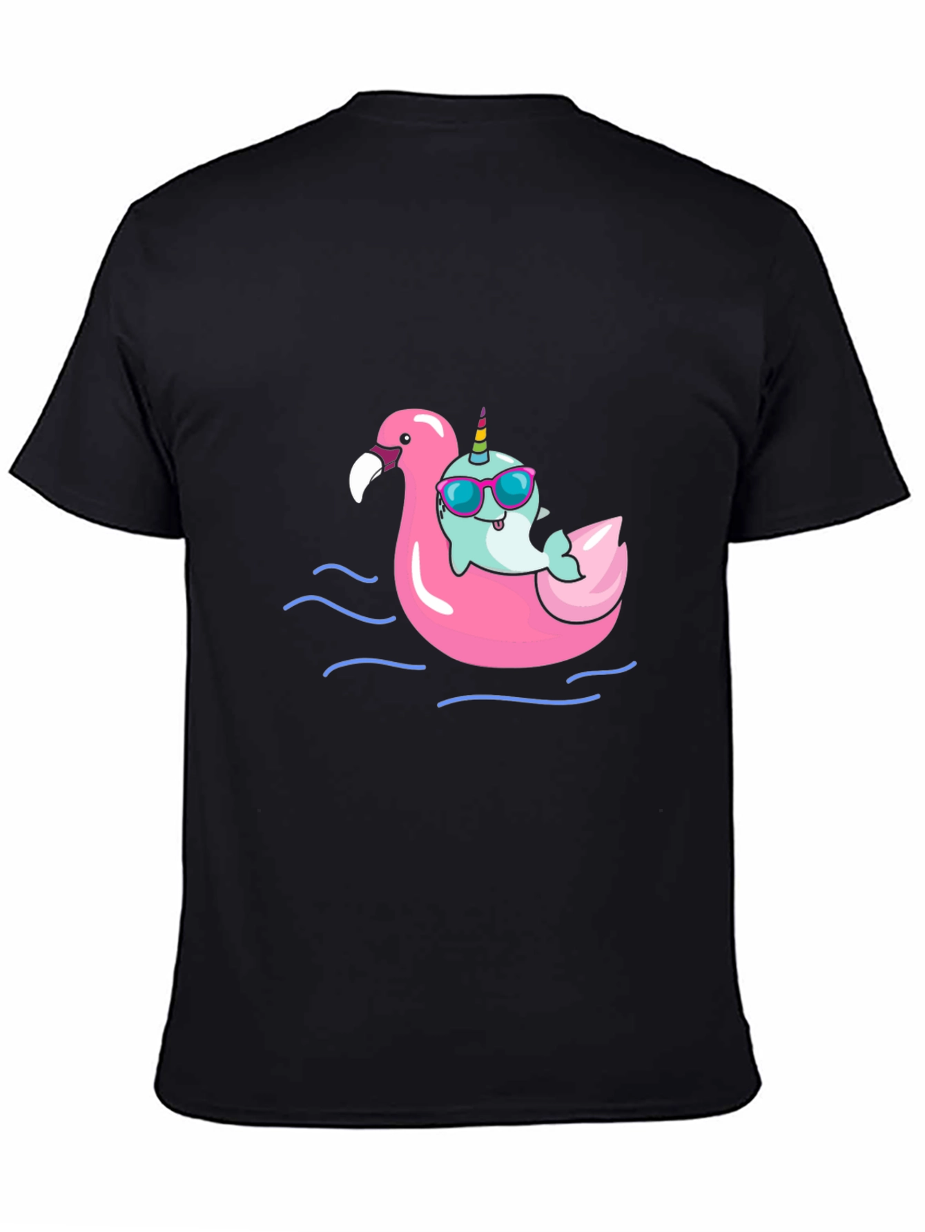 Narwhal on Flamingo Float Black T-Shirt