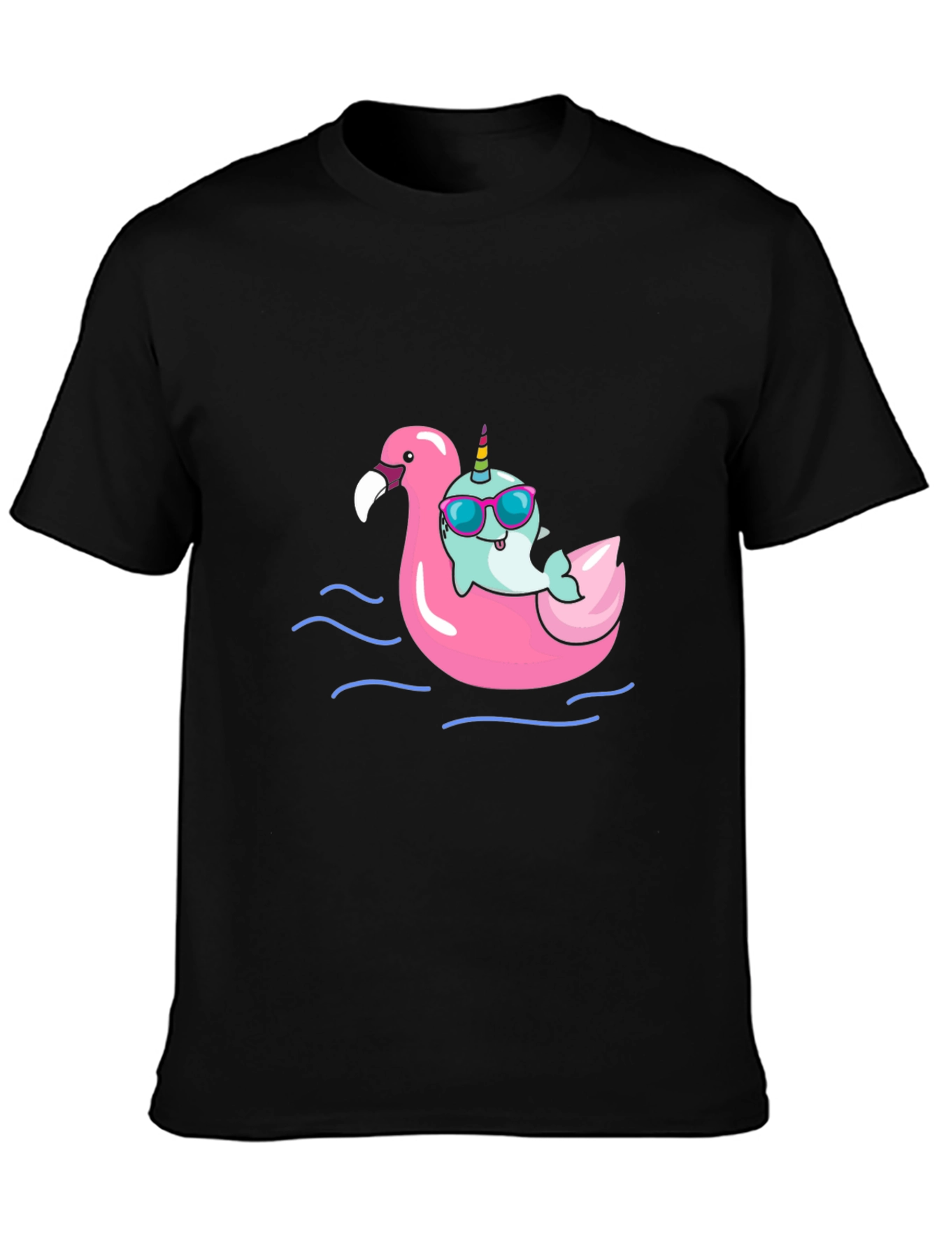 Narwhal on Flamingo Float Black T-Shirt