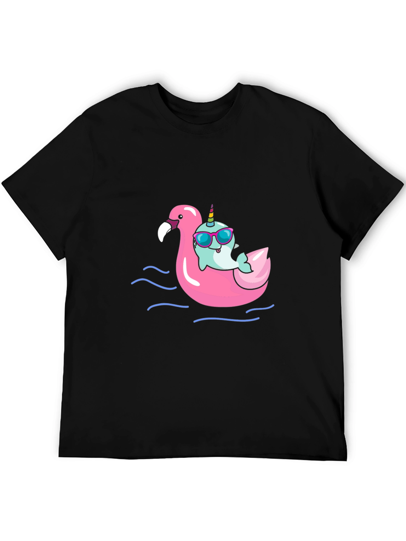 Narwhal on Flamingo Float Black T-Shirt