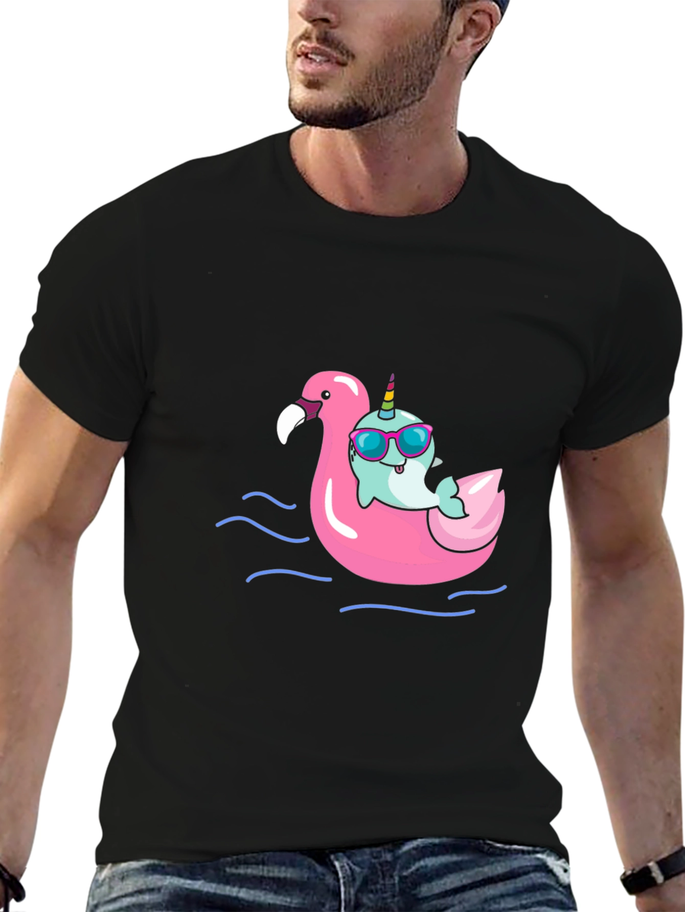 Narwhal on Flamingo Float Black T-Shirt