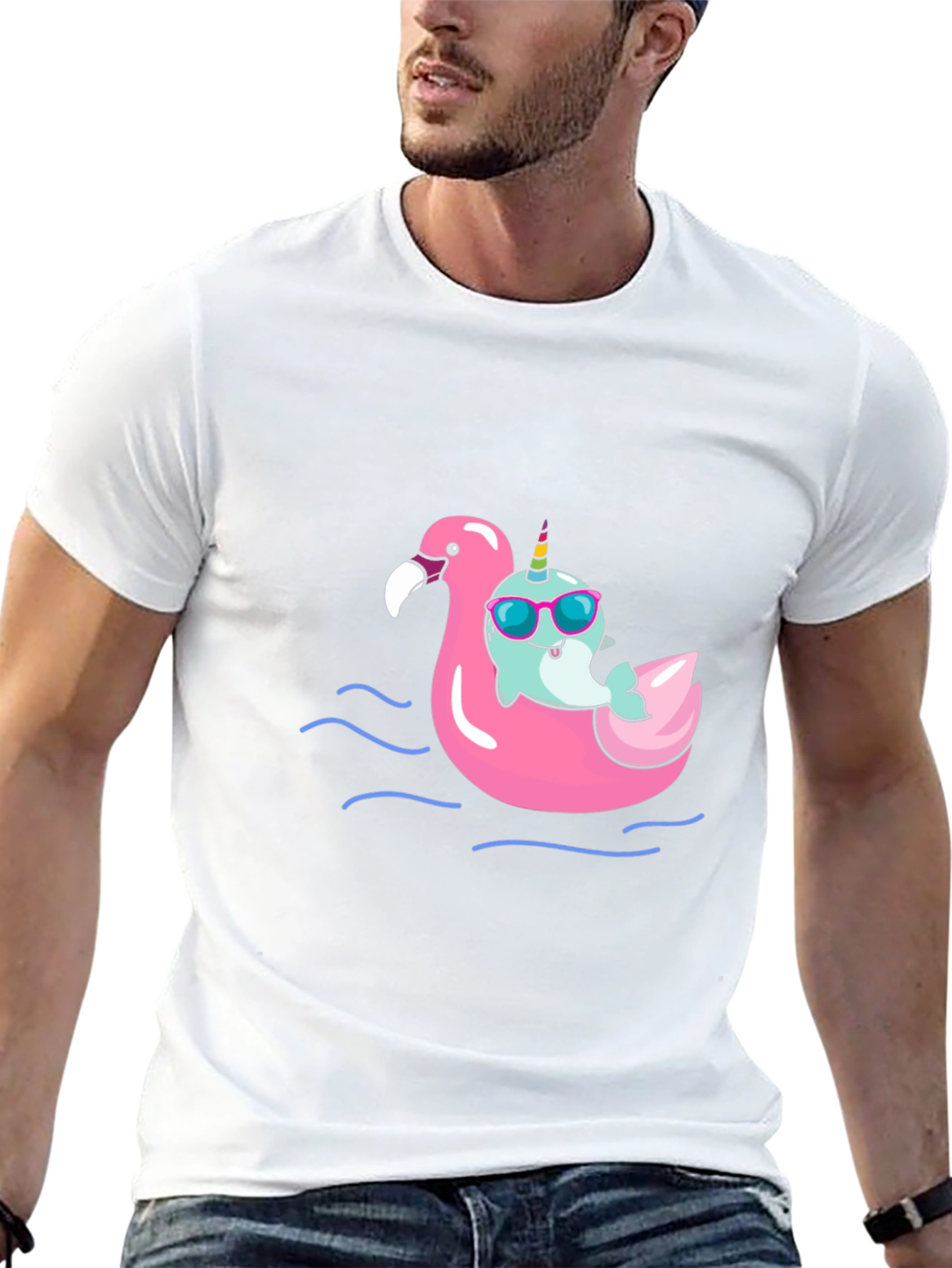 Narwhal on Flamingo Float Black T-Shirt