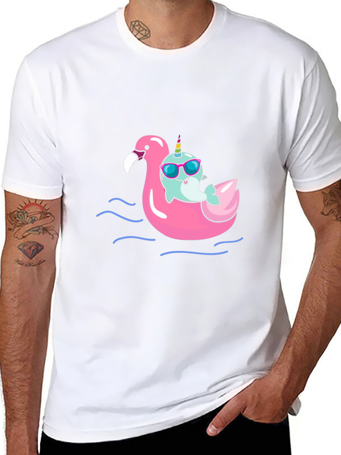Narwhal on Flamingo Float Black T-Shirt