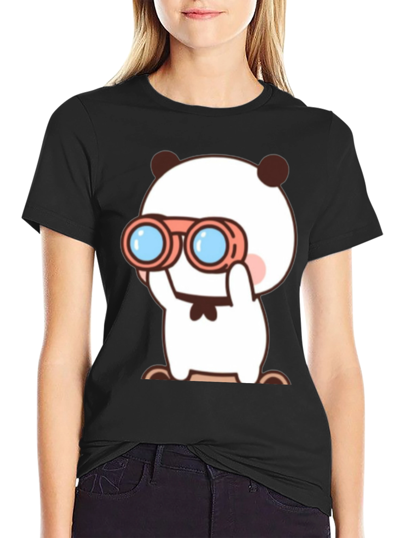 Cute Cartoon Panda Binoculars Black T-Shirt