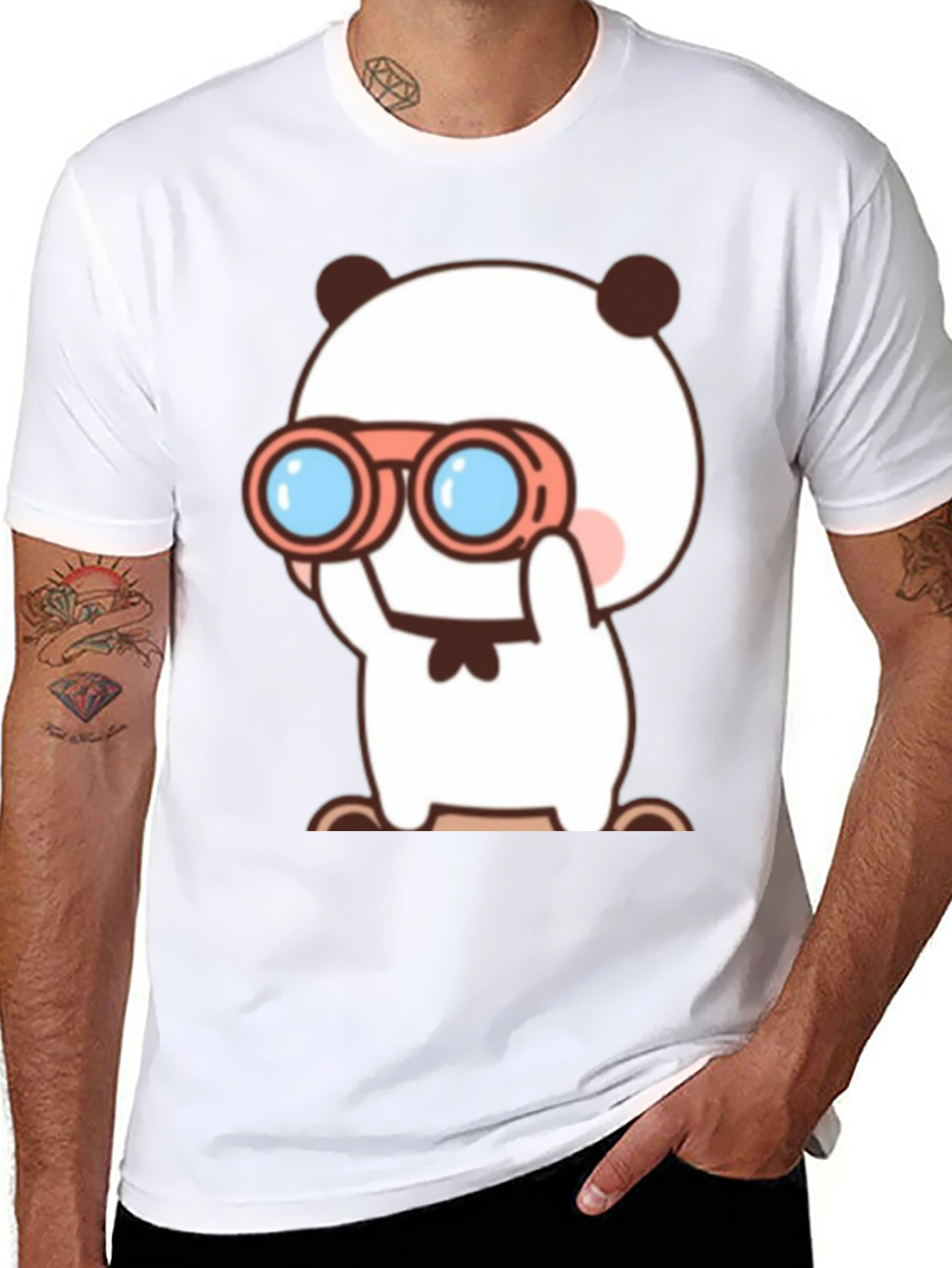 Cute Cartoon Panda Binoculars Black T-Shirt