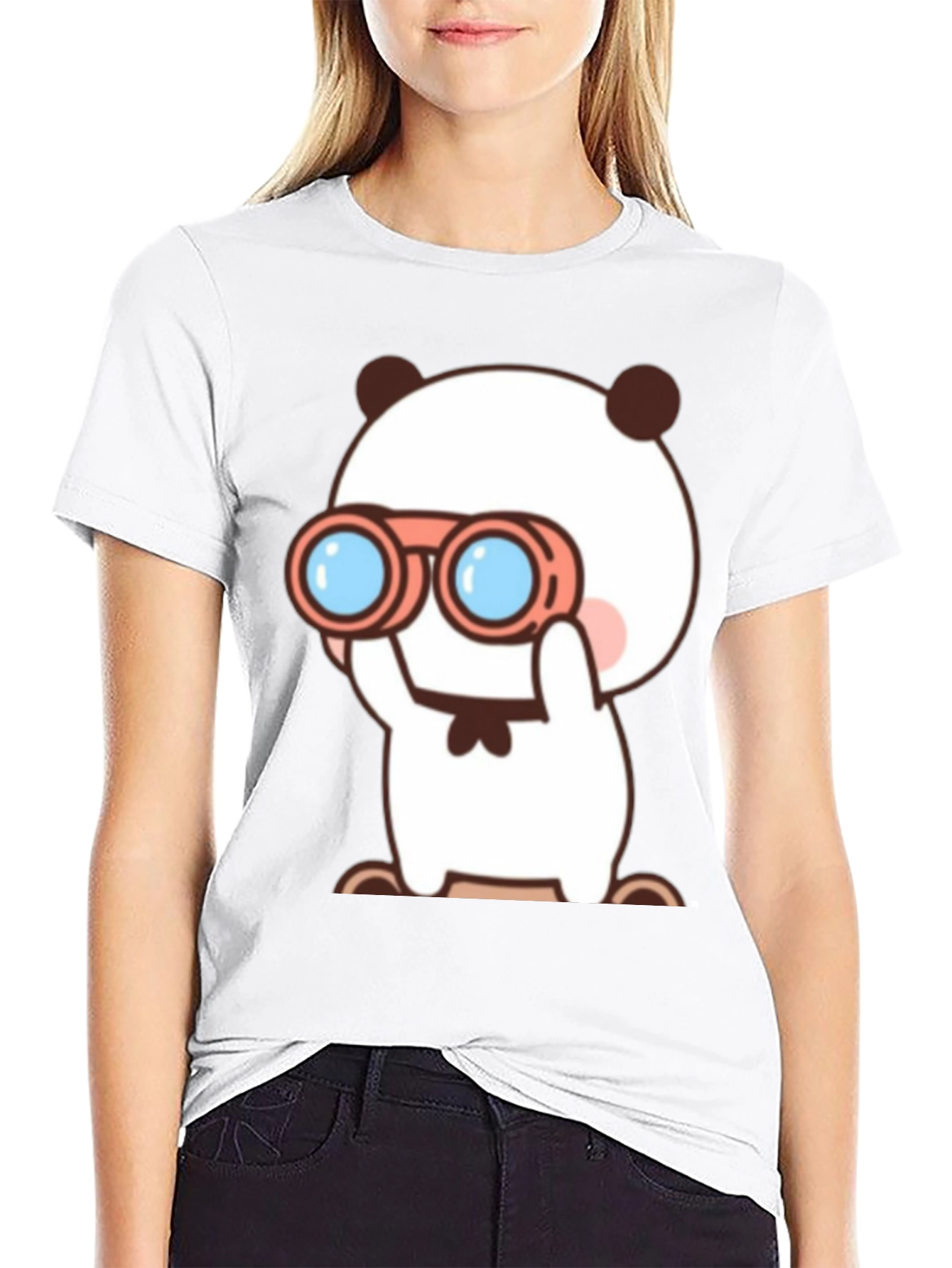 Cute Cartoon Panda Binoculars Black T-Shirt