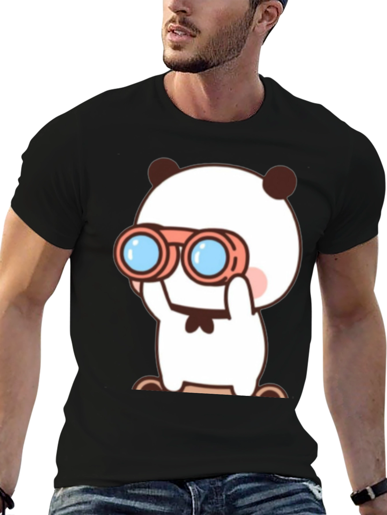Cute Cartoon Panda Binoculars Black T-Shirt