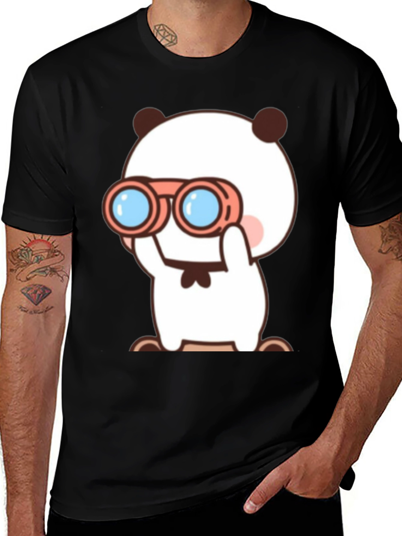 Cute Cartoon Panda Binoculars Black T-Shirt