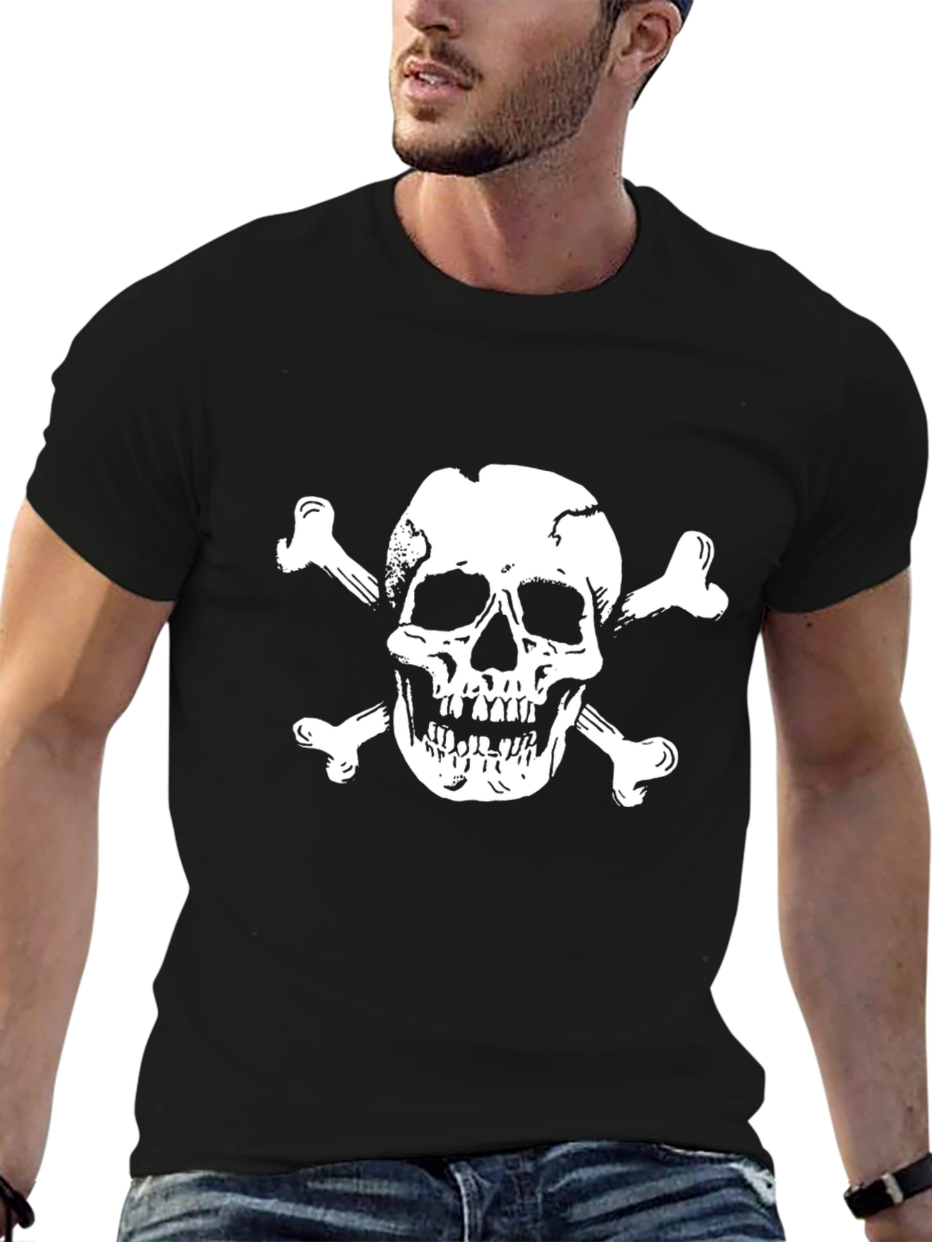Skull & Crossbones Graphic Tee - Black Cotton T-Shirt
