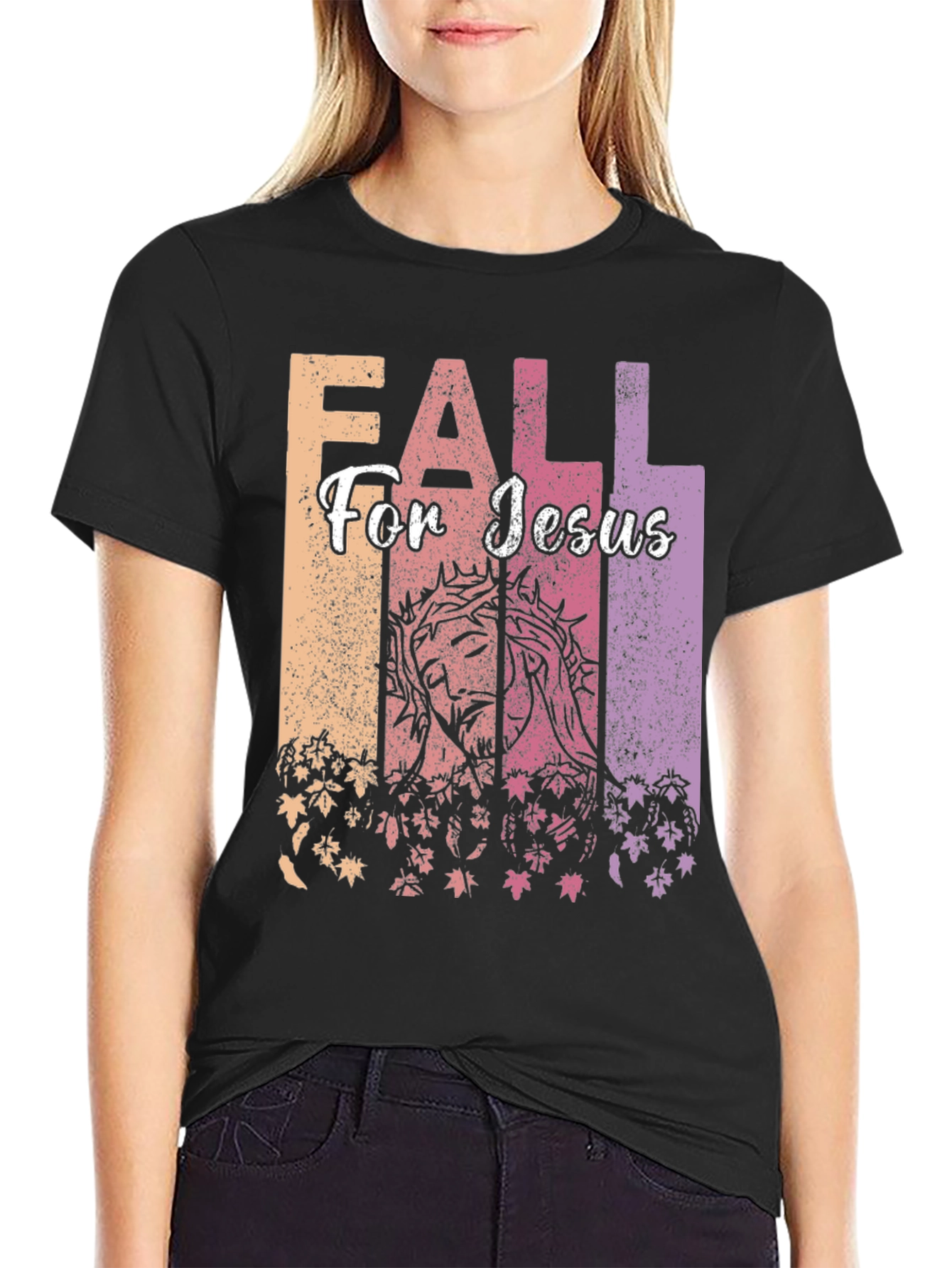 Fall For Jesus Graphic Print Black T-Shirt
