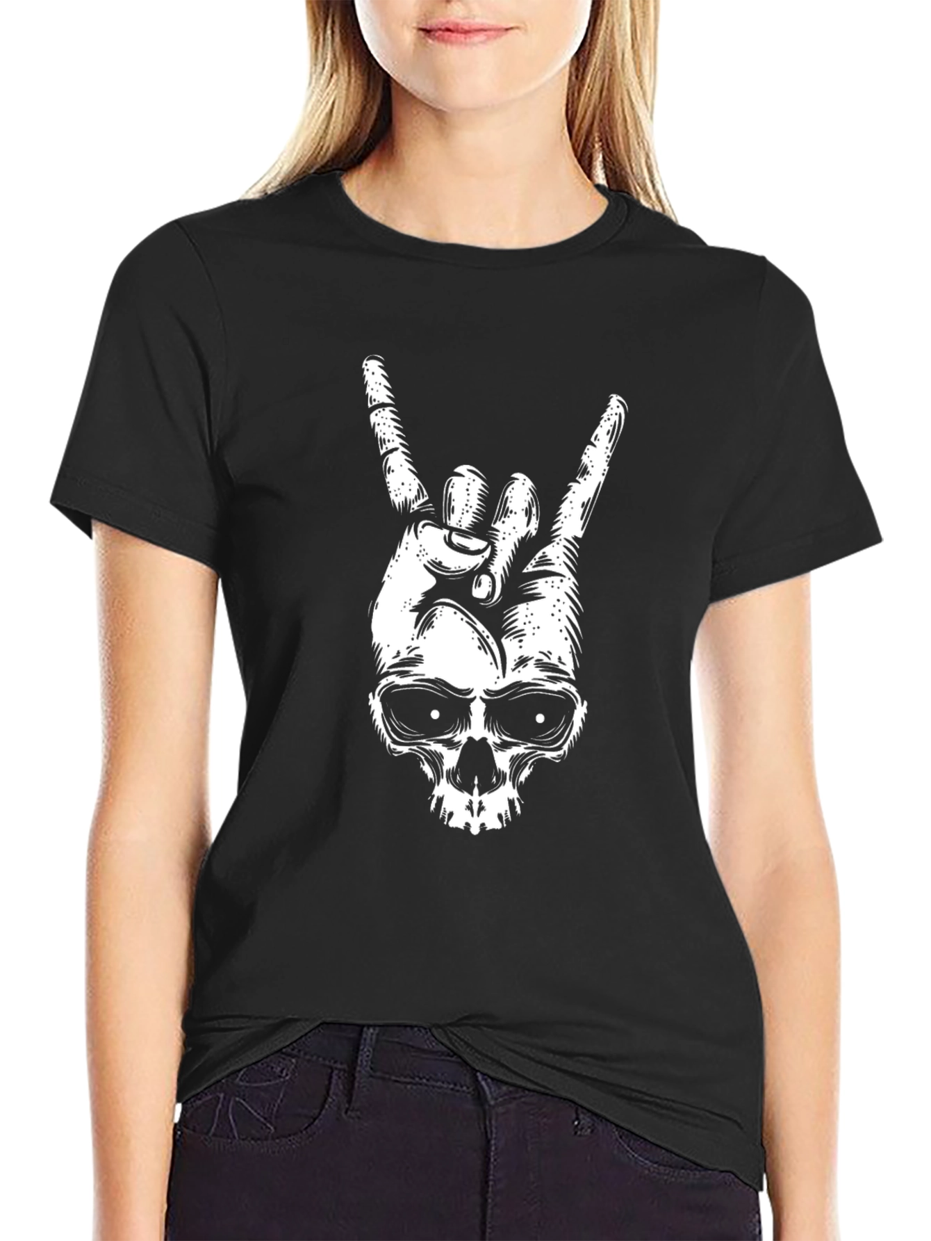 Rock On Skull Graphic Tee - Black Cotton T-Shirt
