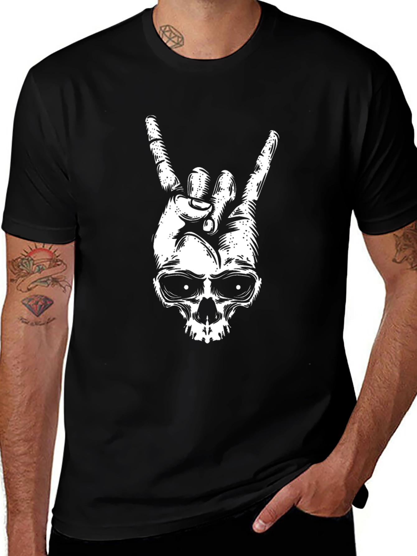 Rock On Skull Graphic Tee - Black Cotton T-Shirt