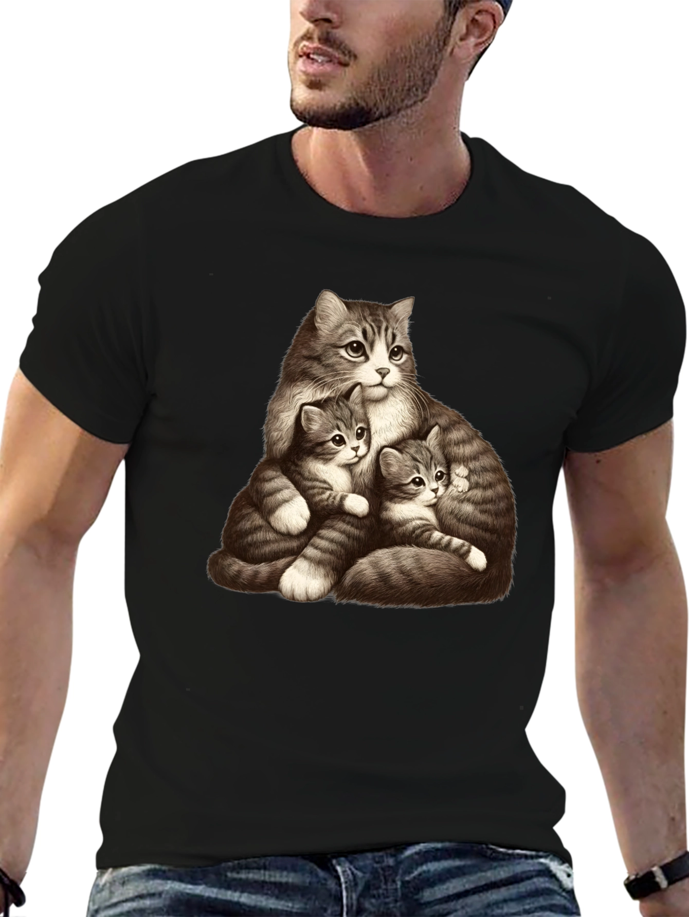 Cute Cat Family Graphic Black T-Shirt