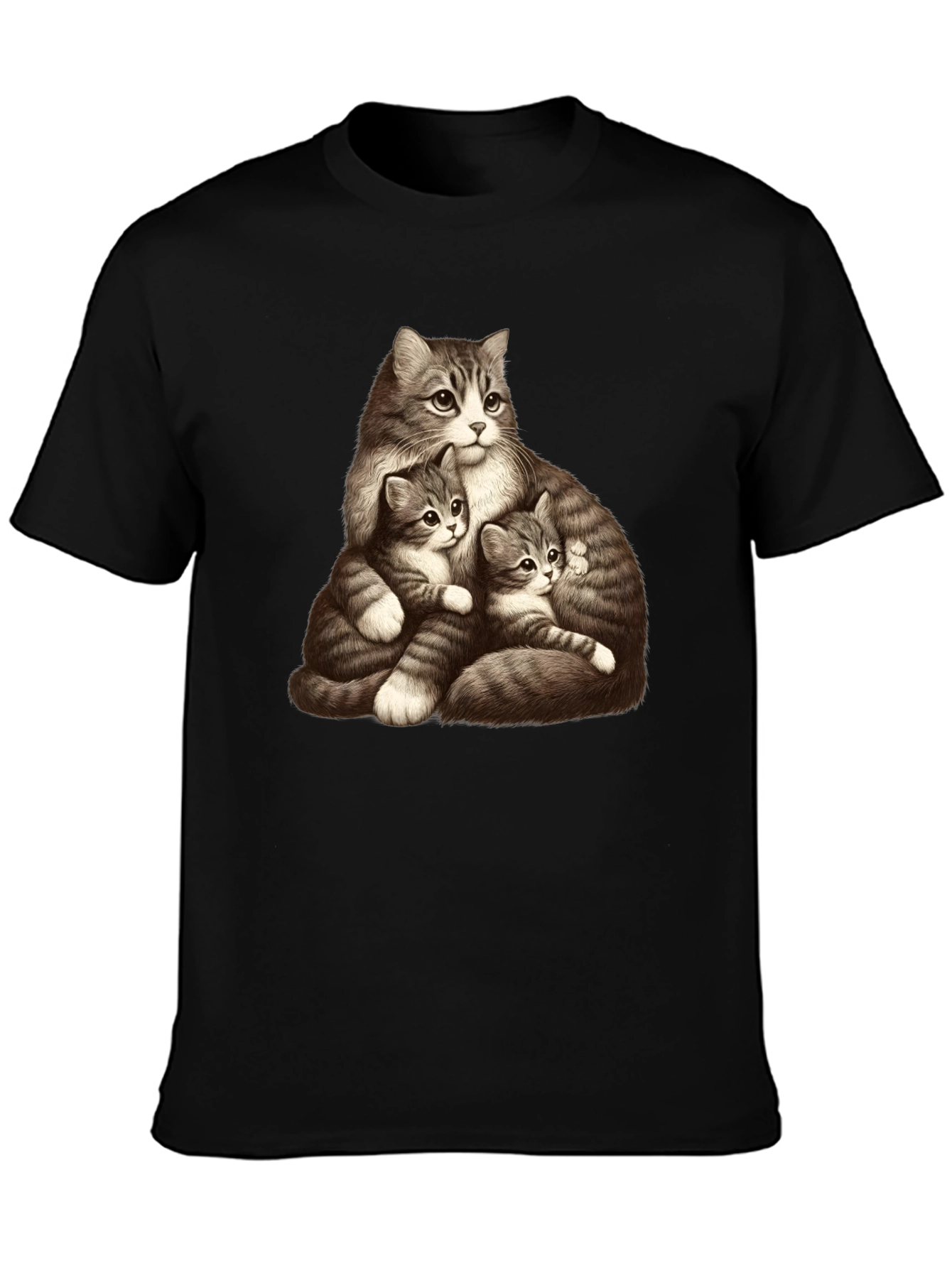 Cute Cat Family Graphic Black T-Shirt