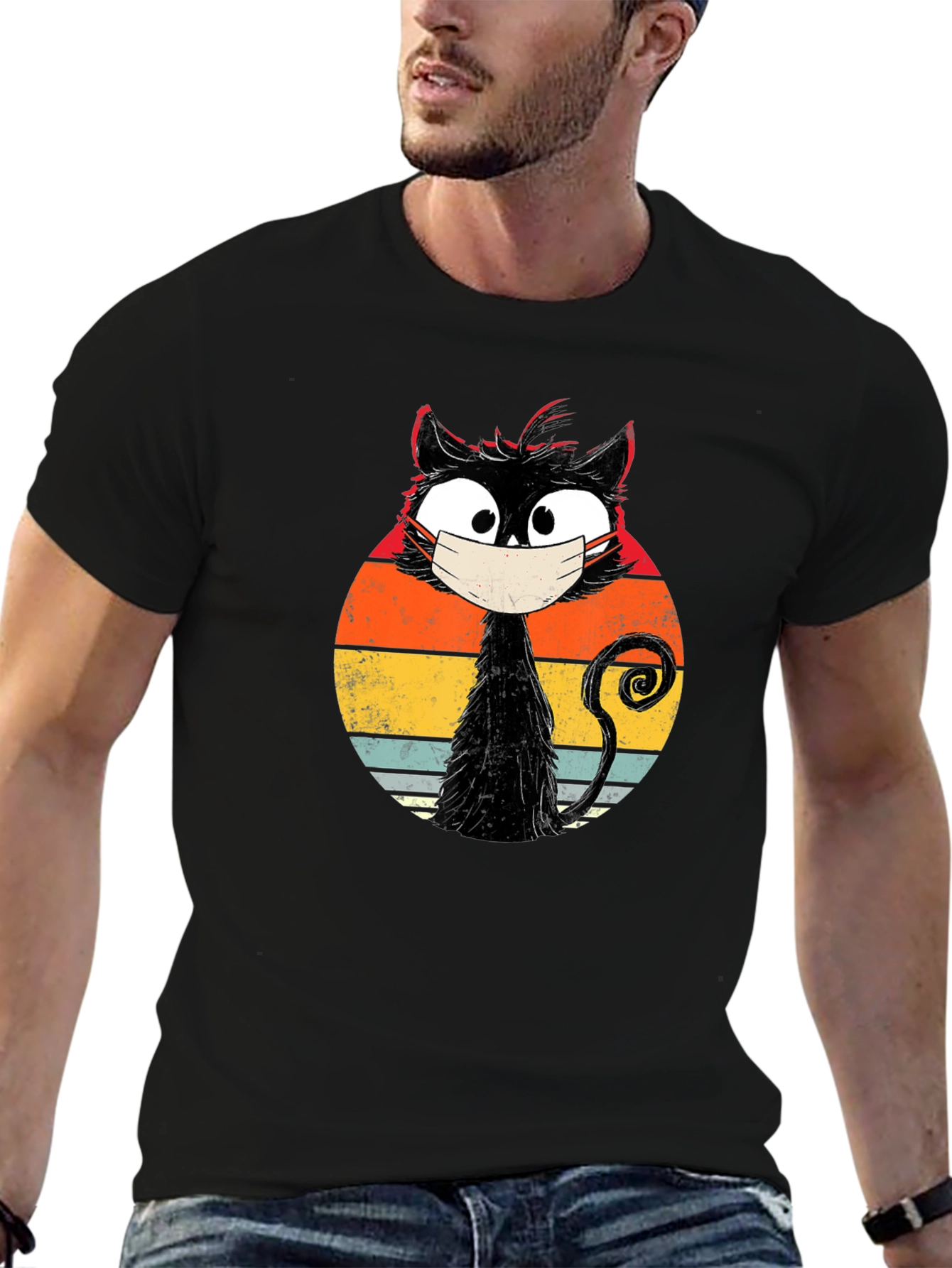 Masked Cat Retro Graphic T-Shirt