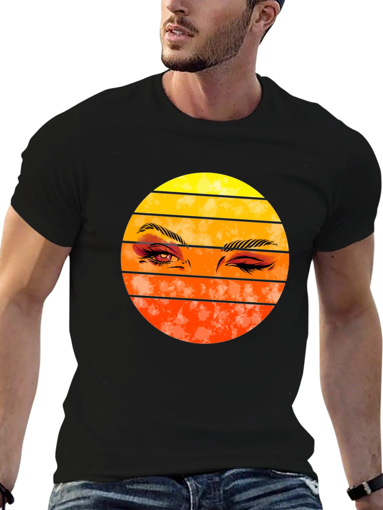 Retro Sunset Wink Graphic Tee - Black