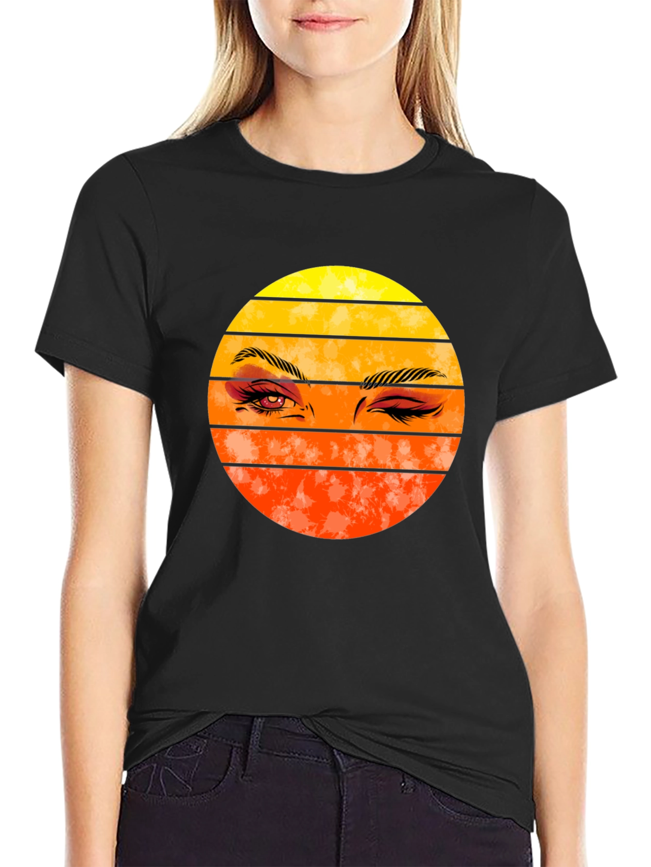 Retro Sunset Wink Graphic Tee - Black
