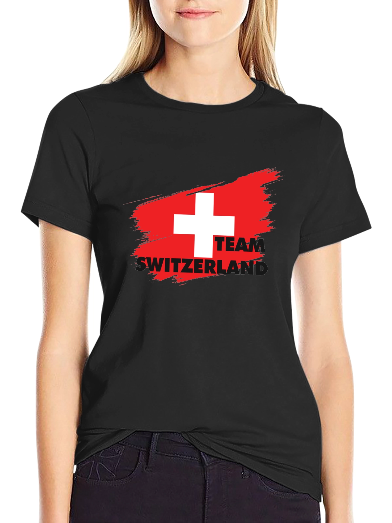 Swiss Flag Team T-Shirt - Black Crew Neck Tee