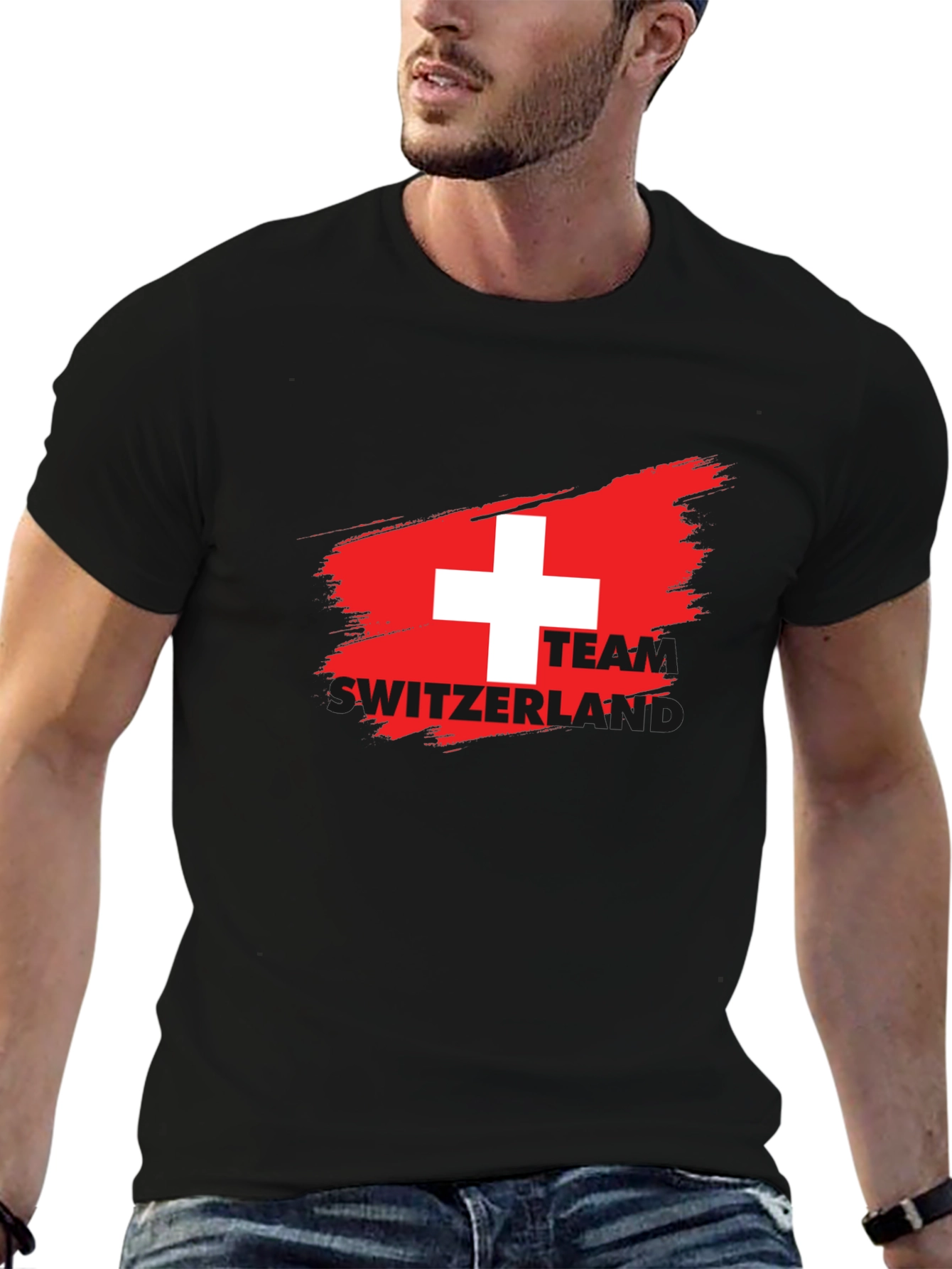 Swiss Flag Team T-Shirt - Black Crew Neck Tee